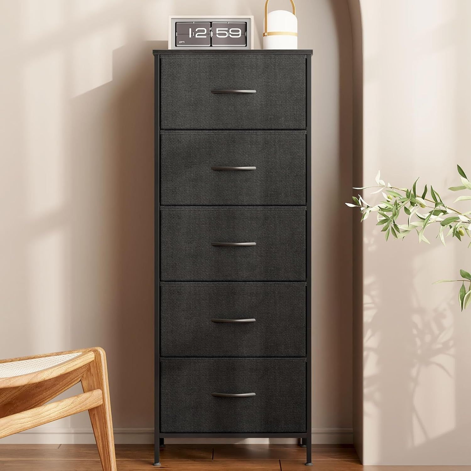 Dresser for Bedroom with 5 Storage Drawers, 48&quot; Tall Dresser Chest of Drawers Fabric Dresser with Sturdy Steel Frame, Black
