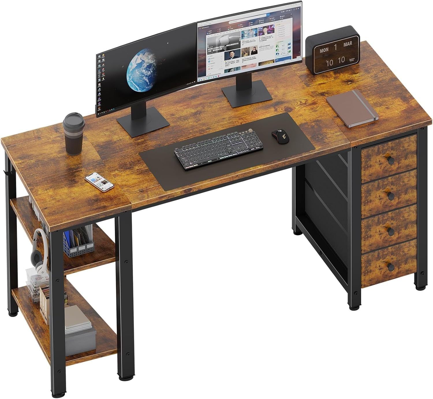 55 Inch Computer Desk with 4 Fabric Drawers &amp; Storage Shelves, Writing Work Study Desk for Home Office Bedroom, Modern Simple Student PC Desks Table, Rustic Brown