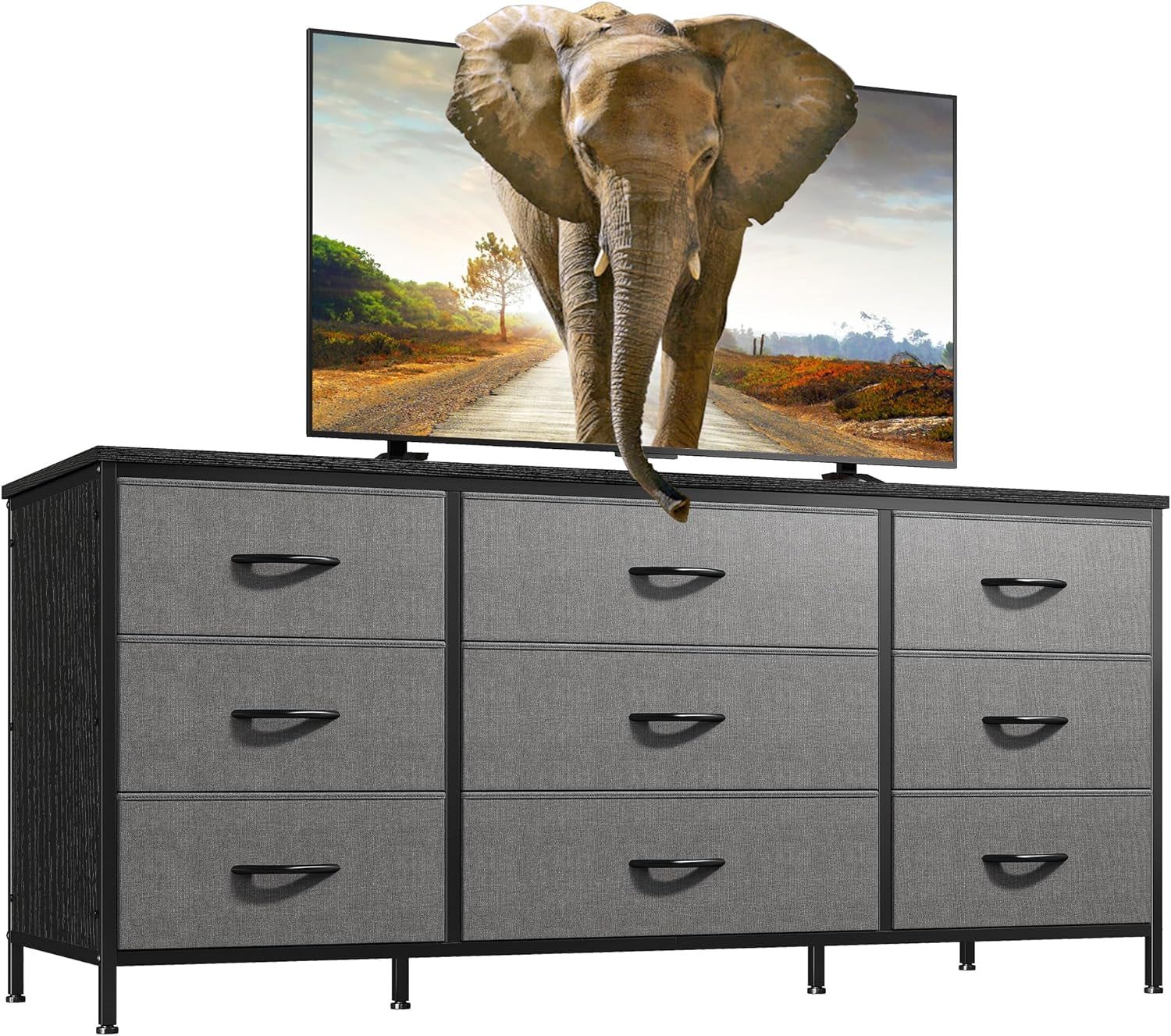 Dresser TV Stand with Drawers, Media Console Table for 60 &#39;&#39;, TV Console with 9 Drawers for Bedroom, Entertainment Center with Sturdy Metal Frame &amp; Wood Top, Living Room, Hallway, Grey