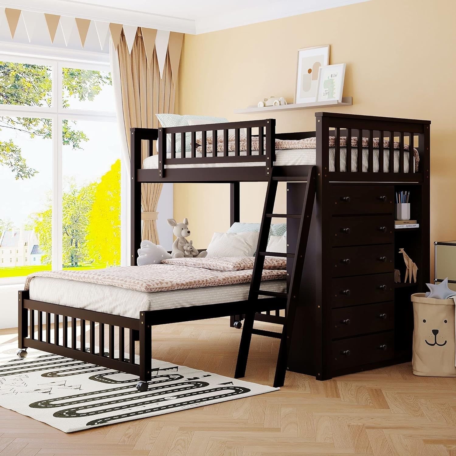 Twin over Full Bunk Bed with Storage, Solid Wood Bunk Bed with 6 Drawers and 3 Flexible Shelves, Twin Loft Bed with Movable Lower Bed, Bottom Bed with Wheels, for Kids Teens Adults (Espresso)