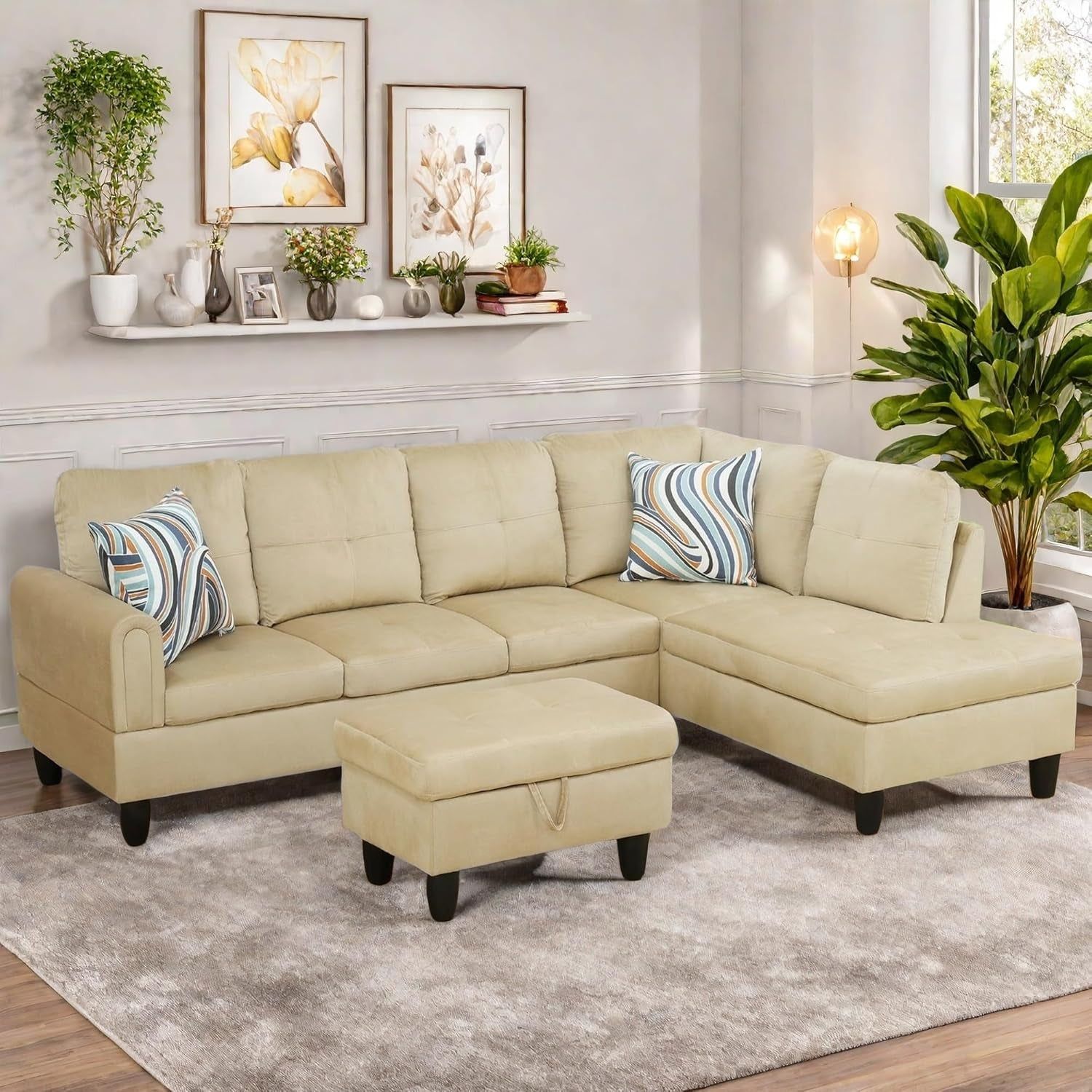 Sectional Couch with Otttoman, 97&quot; L Shaped Couch Sectional Sofa for Living Room, Modern Modular Couches with Cup Holders for Bedroom, Apartments, Beige