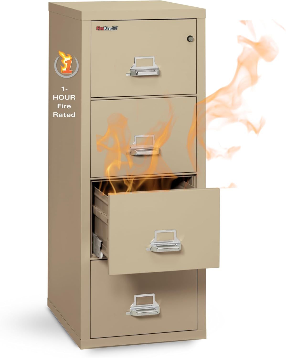 Vertical 4 Drawer Letter Fire Safe File Cabinet with Key Lock, 1 Hour Fire Rated, UL Rated &amp; Water Resistant Home Safe, Made in the USA, Parchment
