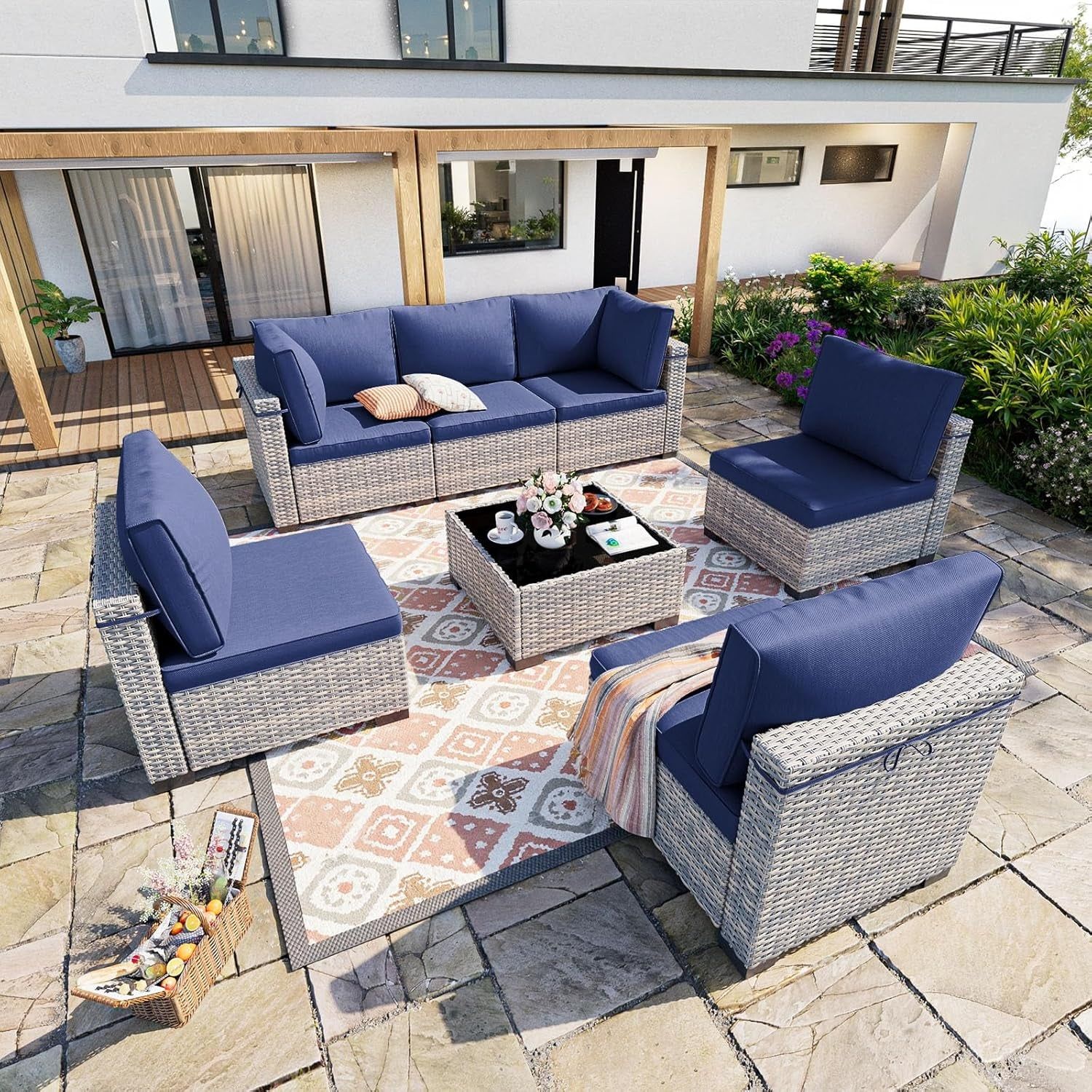 7-Piece Patio Furniture Set, Outdoor Patio Furniture with Thick Cushions, Modular Patio Sofa, Dual-Strand Wicker Rattan, Rust-Resistant Frame, Backyard Furniture for Garden, Deck, Navy Blue