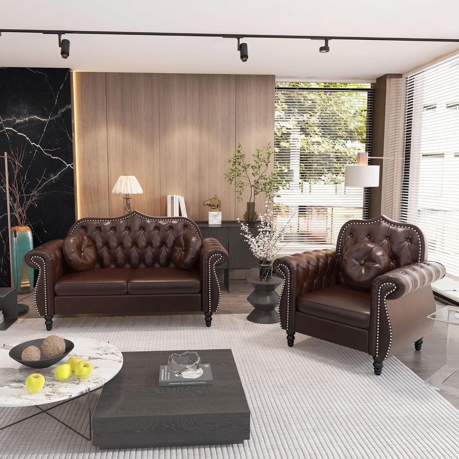 2 Piece Living Room Set, Mid-Century Modern Upholstered Chesterfield Chair Loveseat with Tufted Button and Pillows, Upholstered PU Leather Sofa Couch for Living Room, Office, Brown