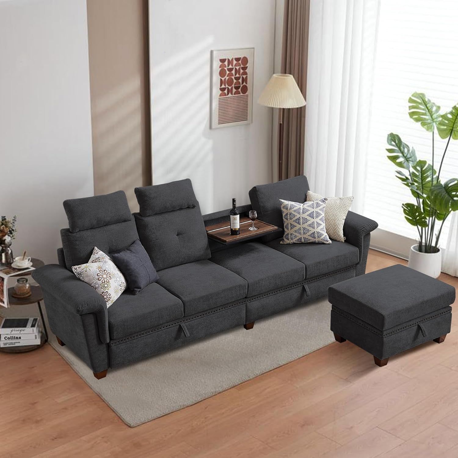 Sectional Sofa Couches for Living Room, Convertible L Shaped Couch Modular 4 Seat Sofas with Storage Chaise &amp; Cup Holders, Microfiber Fabric, for Apartment, Office (Dark Grey)