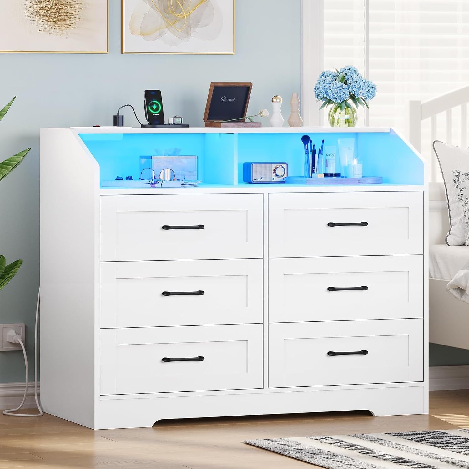 White Dresser for Bedroom with LED Lights and Charging Station, Modern Wood 6 Drawers Storage Tower Clothes Organizer, Large Capacity Chest of Drawers Storage Cabinet for Bedroom, Living Room
