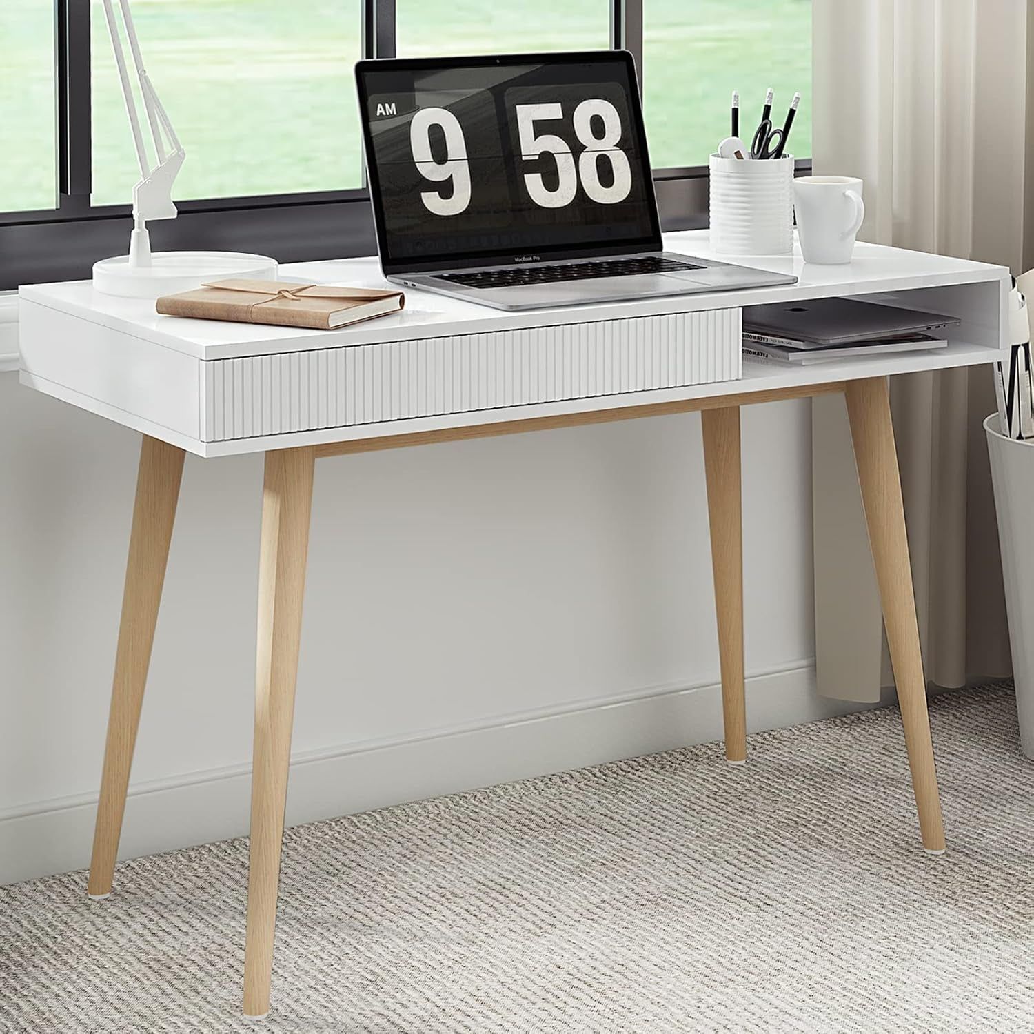 White Desk Mid Century Modern Desk Wooden Desk with Drawer Small Office Desk Mid Century Computer Desk White Makeup Table