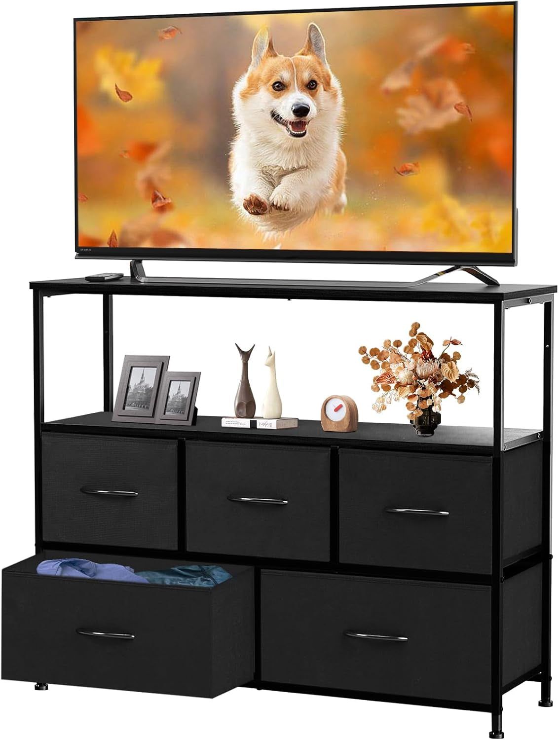 5 Fabric Drawer Dresser TV Stand for Bedroom, Entertainment Center for 45 Inch TV with Storage Drawer Unit, Open Shelf, Adjustable Feet, Living Room, Black
