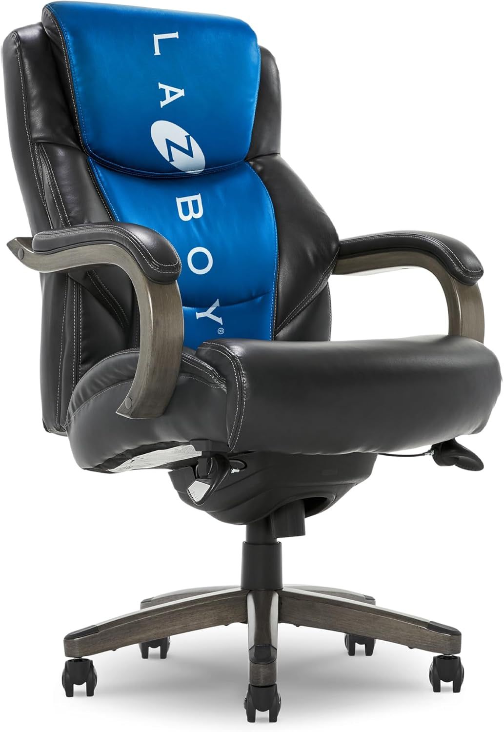 Delano Big &amp; Tall Executive Office Chair, High Back Ergonomic Lumbar Support, Bonded Leather, Black with Weathered Gray Wood