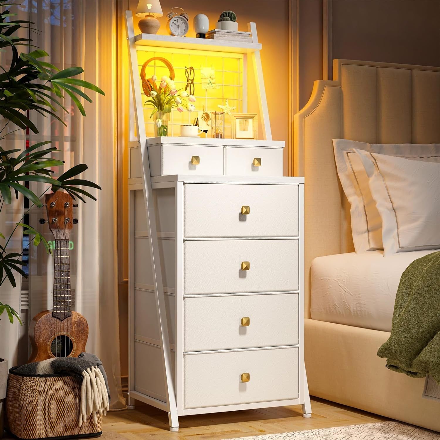 Vertical Dresser for Bedroom with LED White Dresser with Grid 6 Drawer Dressers &amp; Chest of Drawers Sturdy Bedroom Furniture for Entryway,Dorm,Hallway,Living Room