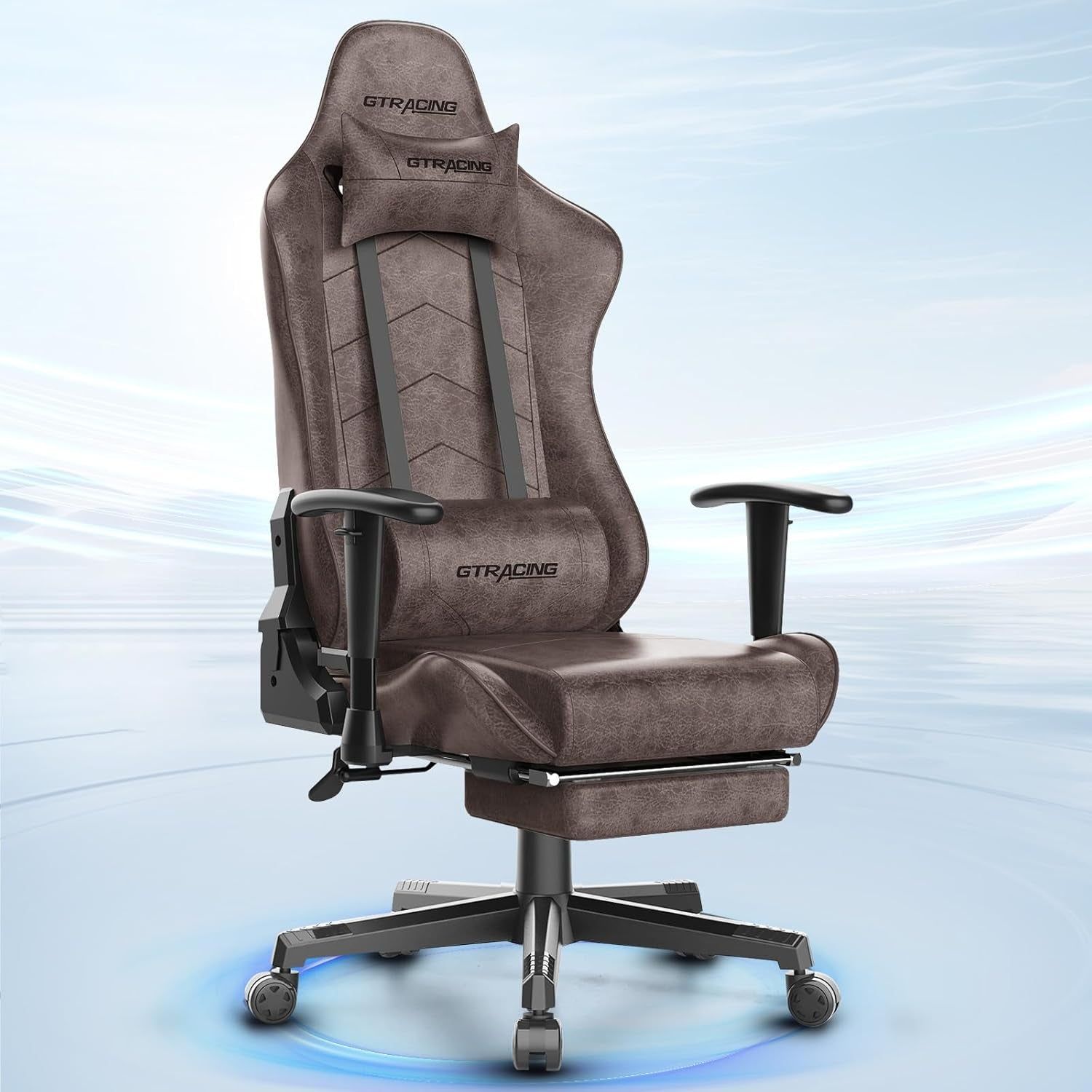 Gaming Chair with Footrest, Racing Style Computer Chair for Adult, Adjustable Reclining Backrest and Lumbar Support, Stylish High Back Chair for Gaming and Office (Brown)