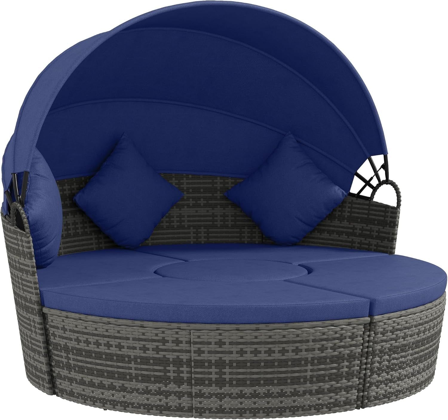 4 Piece round Rattan Daybed, Convertible Patio Furniture Set, Adjustable Sun Canopy, Sectional Outdoor Sofa, 2 Chairs, Extending Tea Table Ottoman Chair, 3 Pillows, Dark Blue
