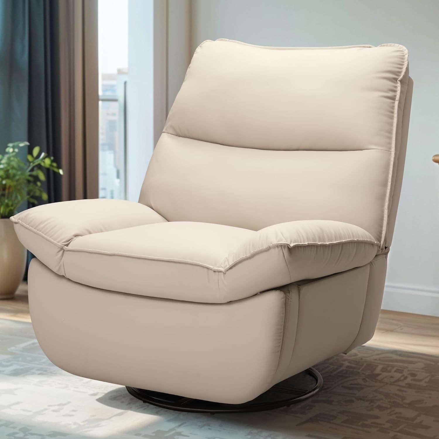 XRC7 Recliner Chair for Adults 350 LBS, Faux Leather Oversized Swivel Rocker Recliner Chair W/Side Pocket, Cross-Legged Armless Recliner Lounge Sofa for Living Room Bedroom, Beige (XC6)