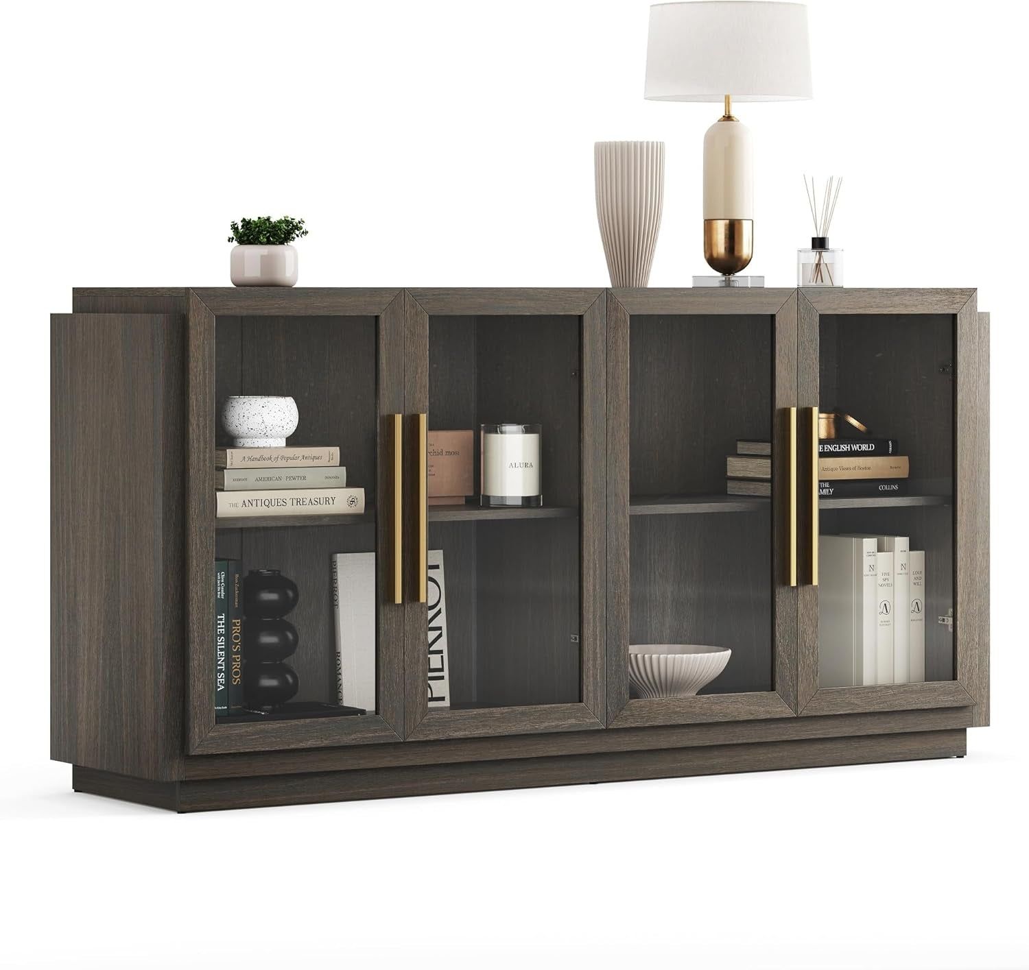 Sideboard Buffet Cabinet, Modern Wood Glass-Buffet-Sideboard with Storage, Console Table for Kitchen, Dining Room, Living Room, Hallway, or Entrance - Brixston (Brown)