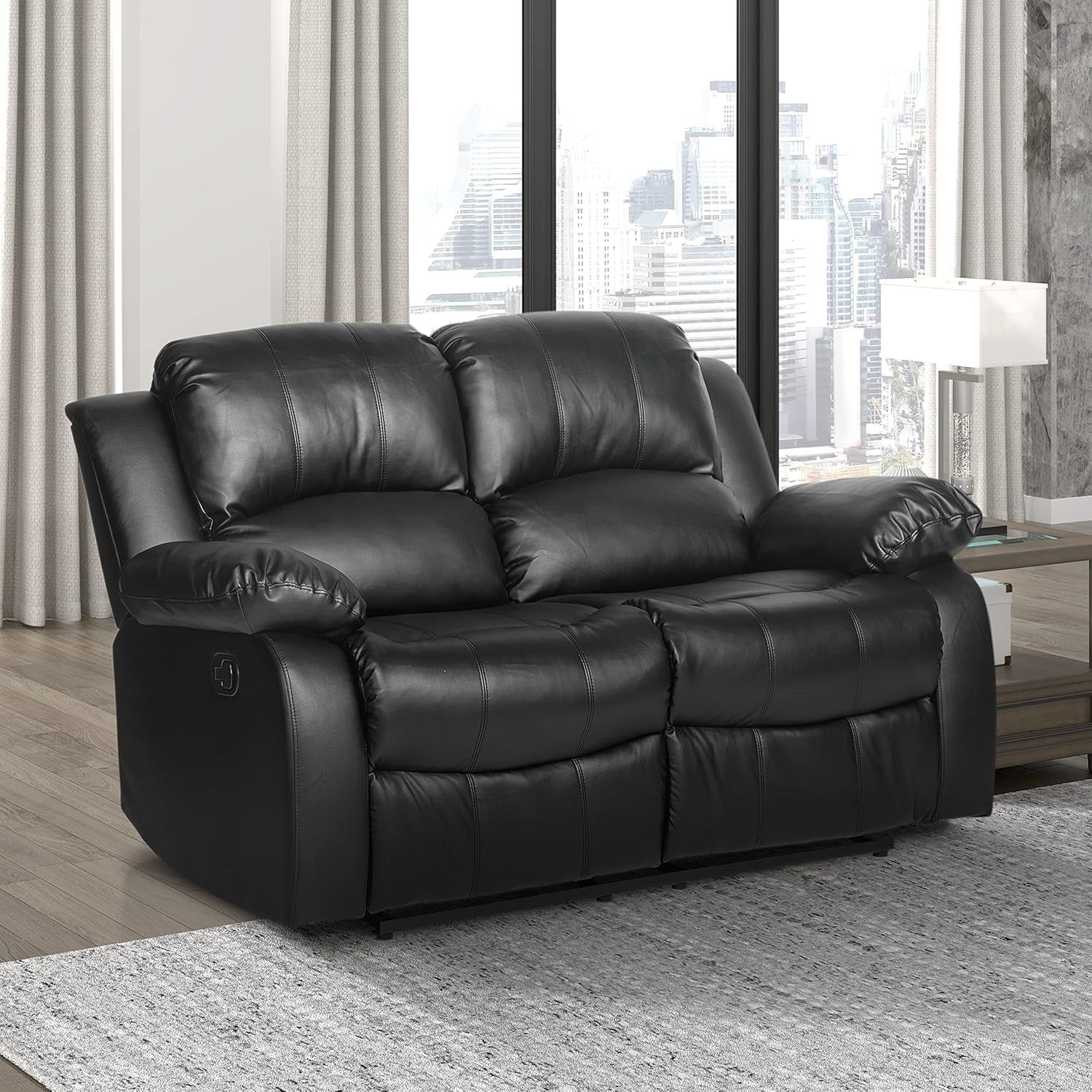 Humphreys Loveseat Recliner - Soft Faux Leather Double Reclining Sofa, Manual Pull Tab, Wall Hugger, High-Density Foam, Solid Wood Frame, Easy Assembly, 62.5&quot; W, Living Room, RV - Black