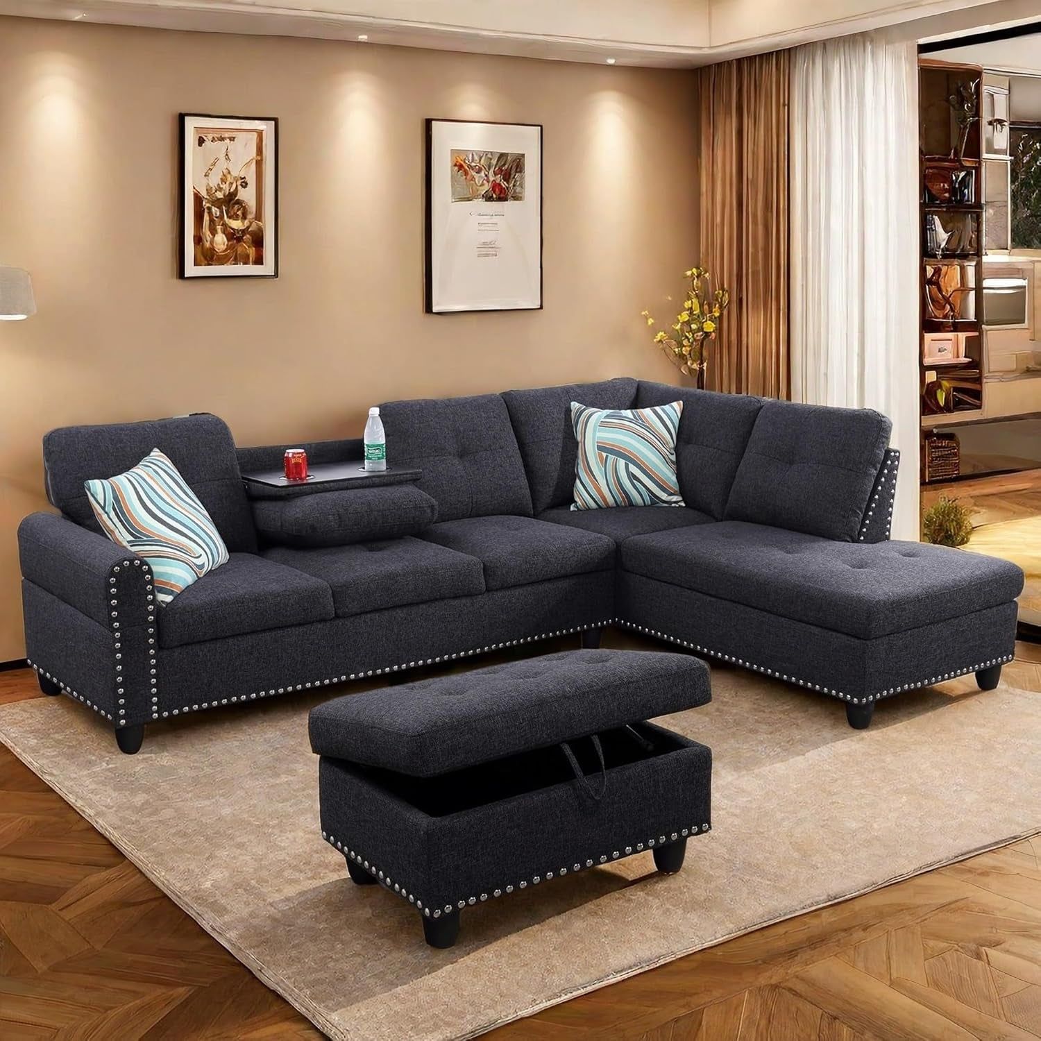 L Shaped Sectional Couch with Otttoman, 97&quot; Sectional Sofa for Living Room Flannel Modular Couches with Cup Holders for Bedroom, Apartments, Black Grey