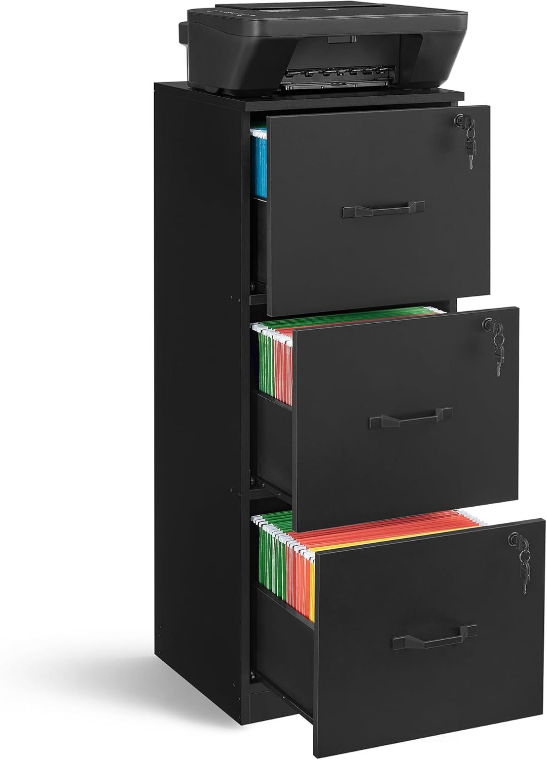 3 Drawer File Cabinet, File Cabinet with Lock, Printer Stand, Office Filing Cabinet Organizer, for A4 and Letter Size Files, Ink Black UOFC055B16