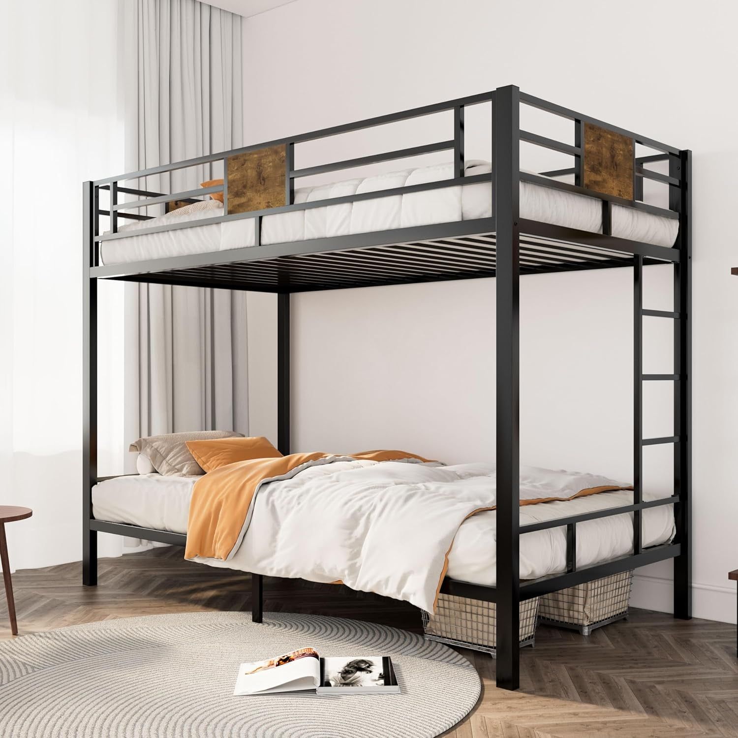 Loft Bunk Bed Twin over Twin Size with Ladder and Guardrail,Rustic Design,Metal Slats Support No Box Spring Needed Small Space Saving Furniture for Bedroom Dorm