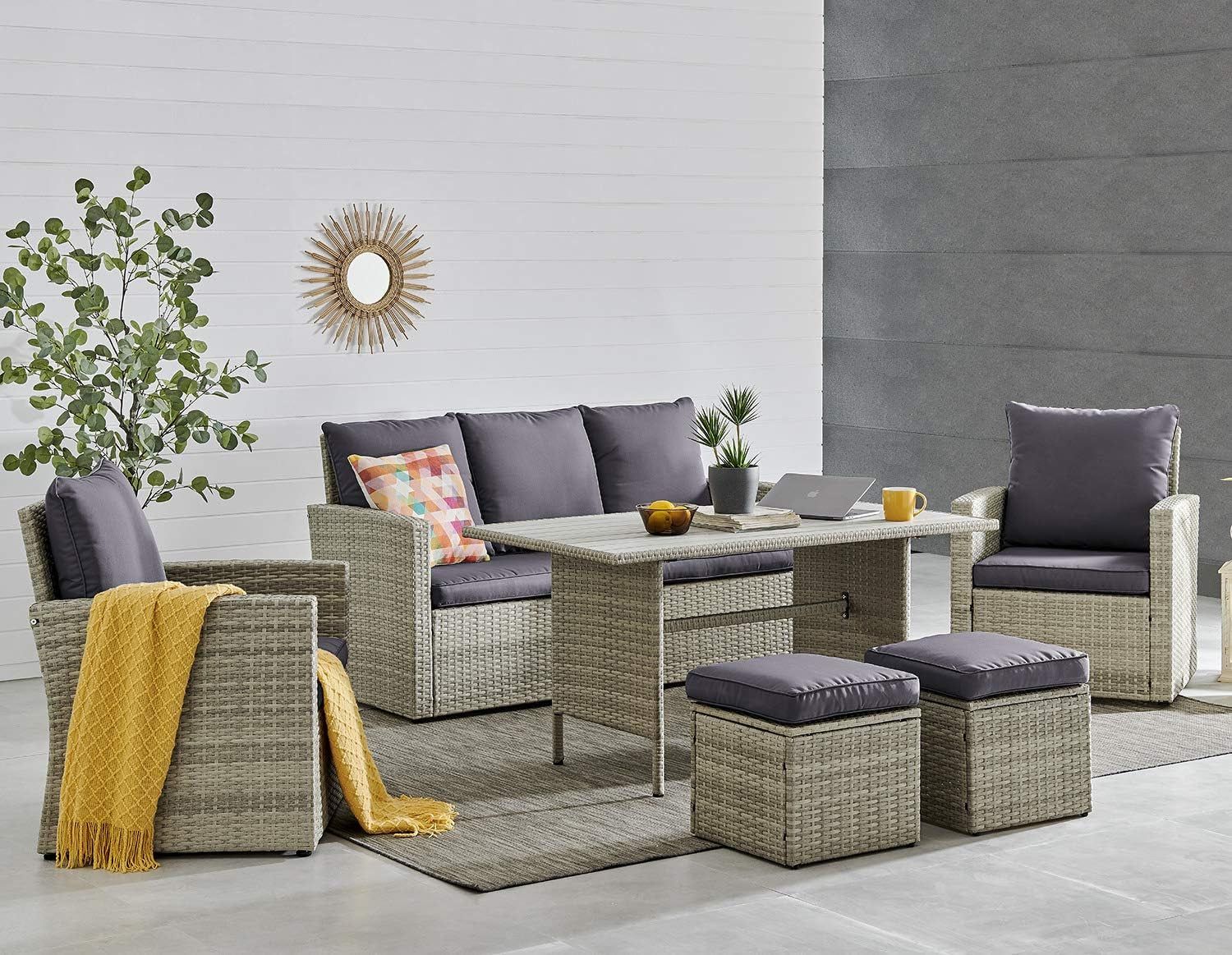 6 Pieces Patio Dining Sets Outdoor Space Saving Rattan Chairs with Table Patio Furniture Sets Cushioned Seating and Back Sectional Conversation Set (Grey)