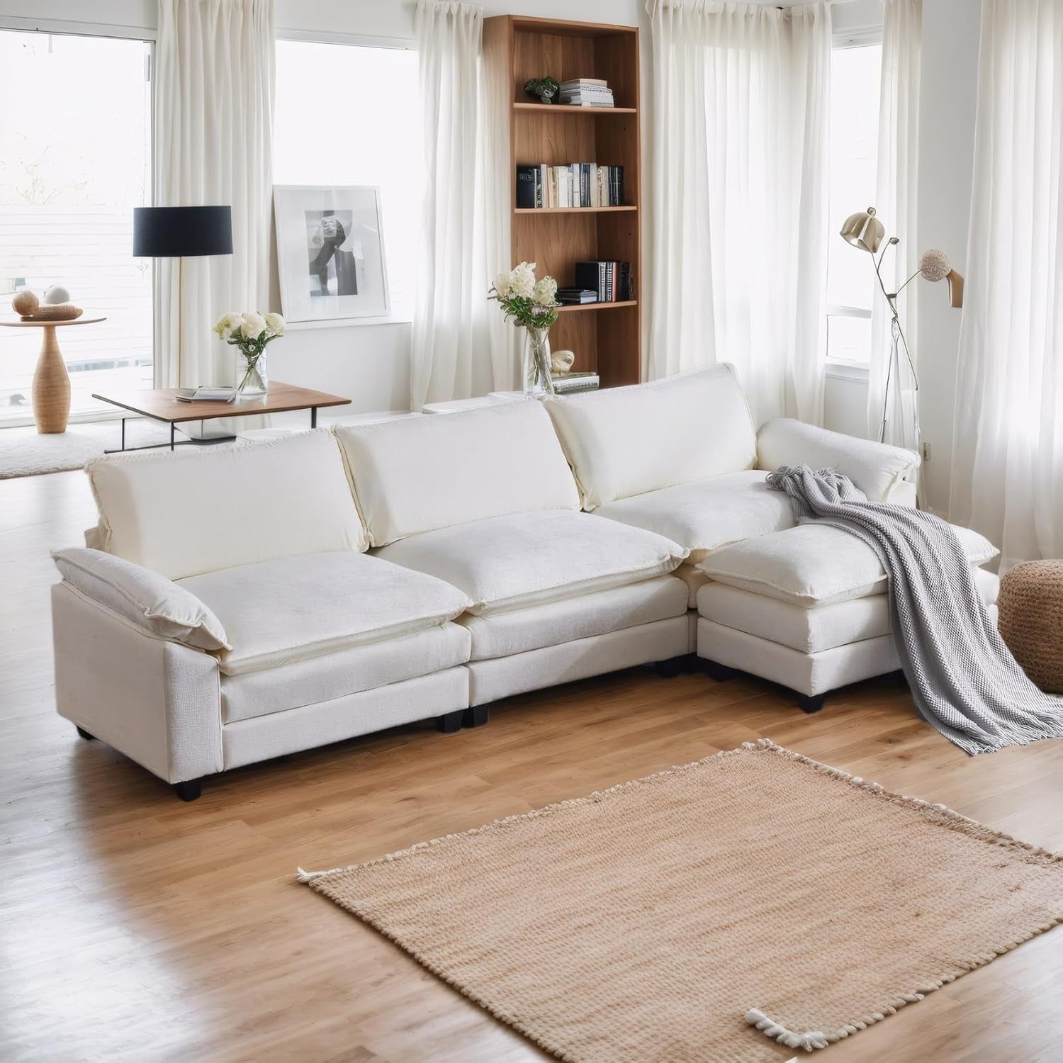 Sectional Sofa Modular Deep Seat Sofa Couch with Ottoman, Chenille Sofa Sleeper Comfy Upholstered Furniture for Living Room, Apartment, Studio, Office, (3-Seat &amp; 1-Ottoman, Beige)