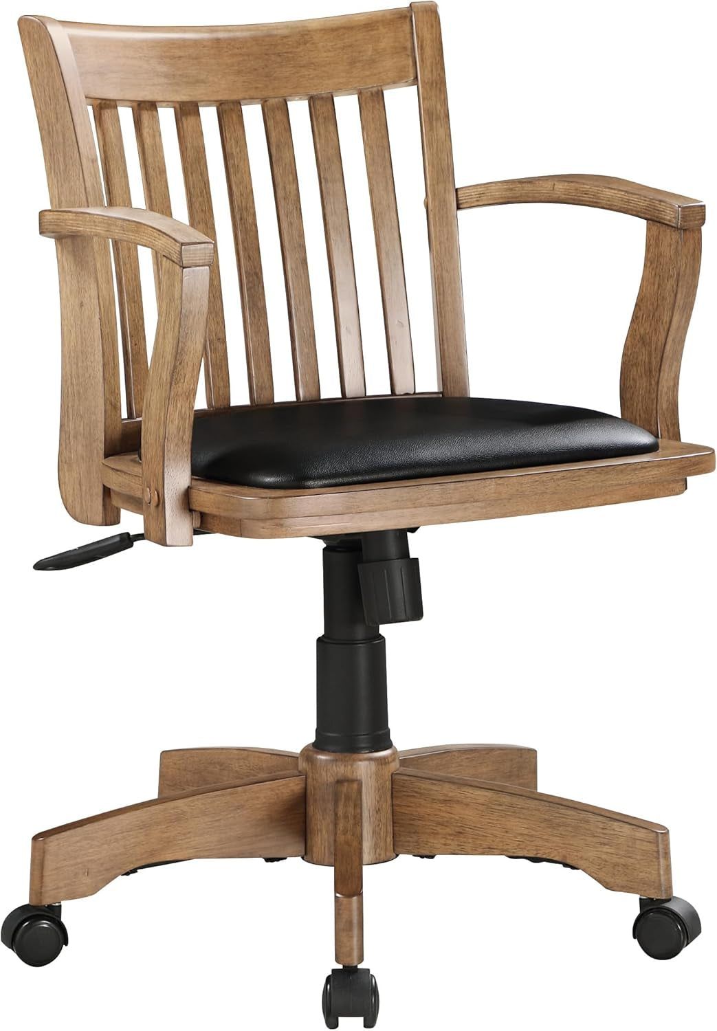 OSP Home Furnishings Deluxe Wood Banker&#39;S Desk Chair with Padded Seat, Adjustable Height and Locking Tilt, Fruitwood Finish and Black Vinyl