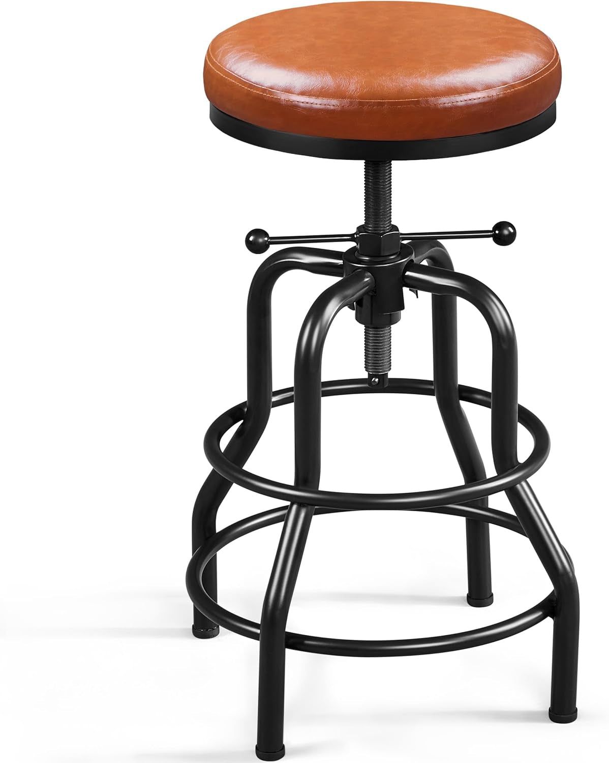 Industrial Bar Stools Vintage Counter Height Bar Stool with round Faux Leather Seat Metal Stool Adjustable Kitchen Stool 21.5-28 Inch Tall Light Brown, 1PCS