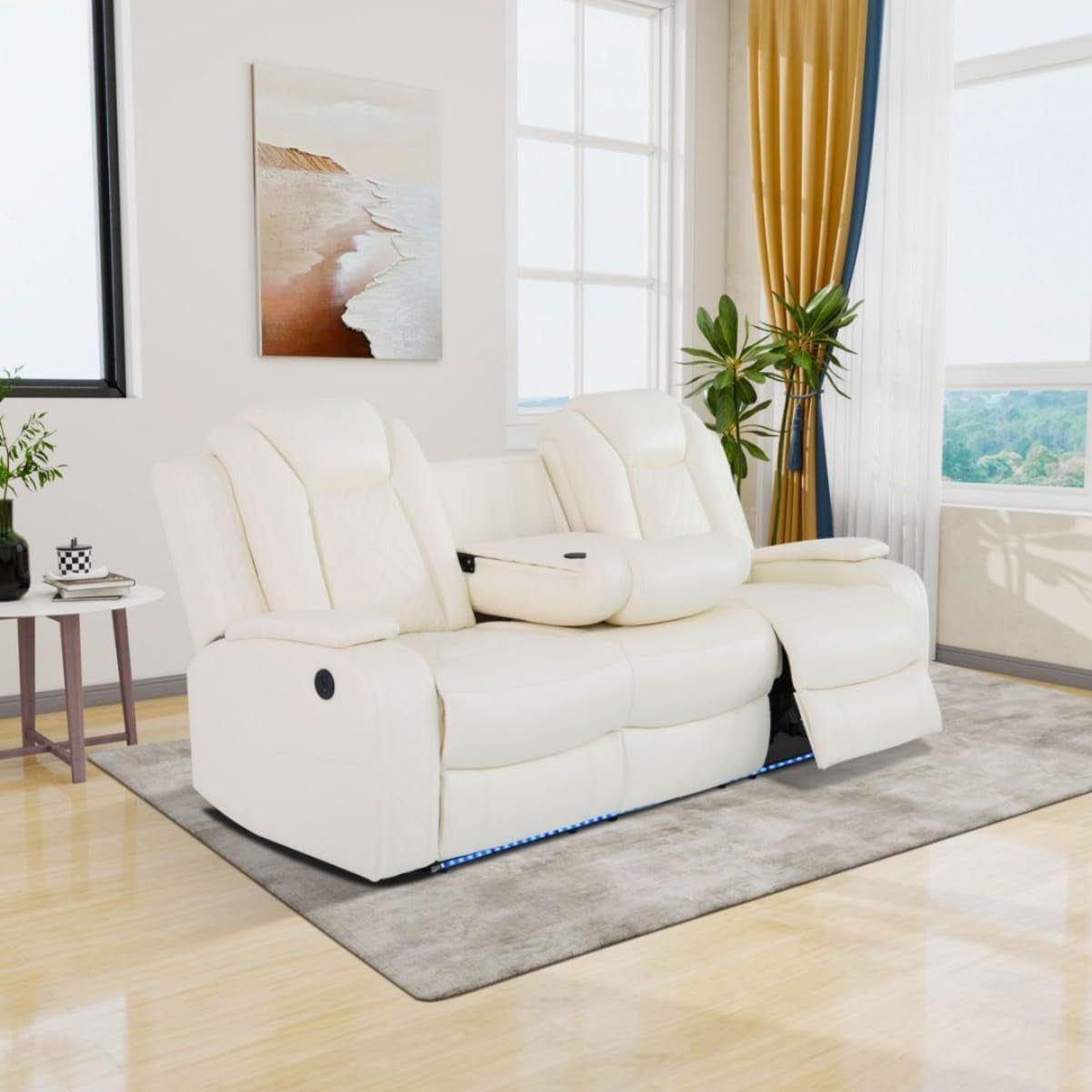Electric Power Recliner Sofa Living Room Furniture, Comfy Home Theater Breathing Leather Seating with USB 2.0 Charging Ports, LED Light Strips, Fold-Down Table &amp; Wireless Charging Device (White)