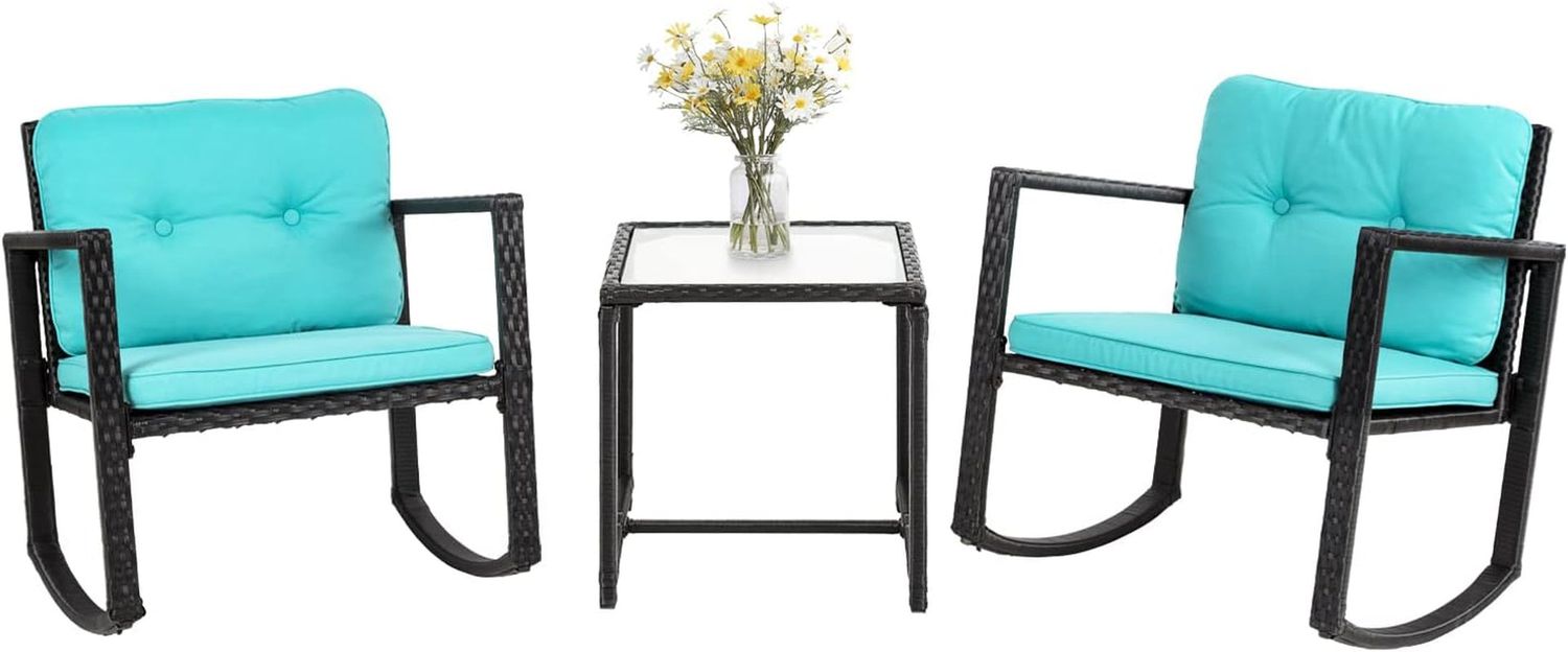 Outdoor Conversation Sets Rattan Furniture Wicker Rocking Chairs with Blue Cushions and Glass Coffee Table for Balcony Poolside Garden Patio Porch Backyard