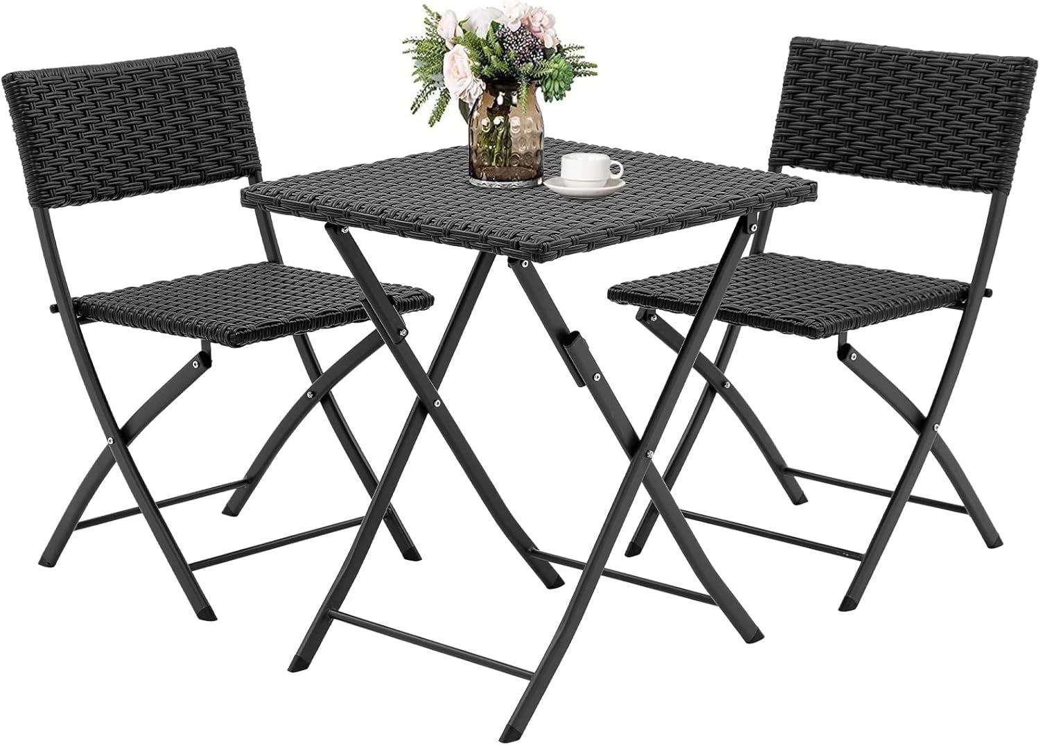 Rattan Patio Bistro Set, 3 Piece Foldable Outdoor Patio Furniture Sets, with Folding Table and Two Chairs, for Garden, Backyard, Pool, Lawn, Porch, Balcony, All Weather Rattan Style (Black)