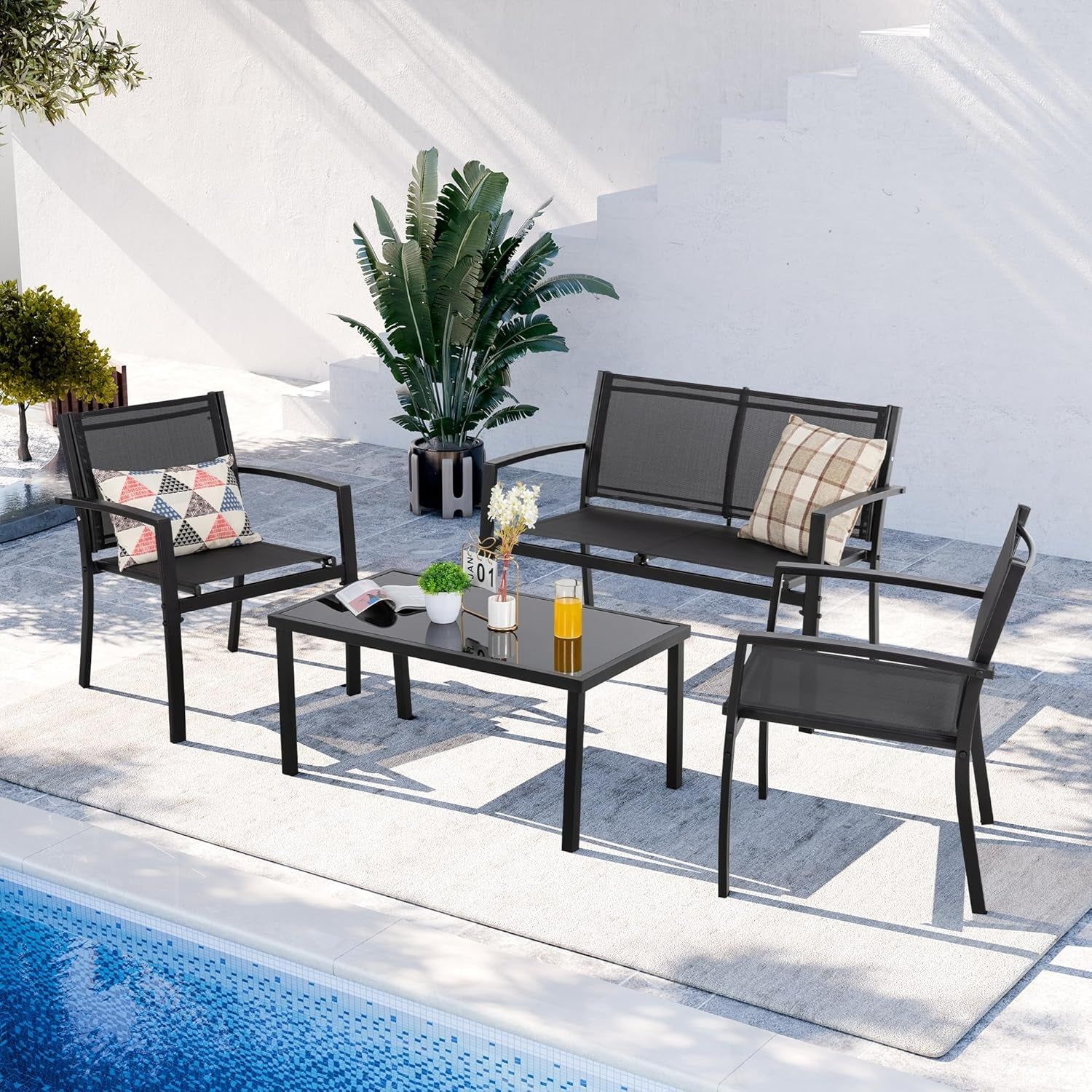 4 Pieces Patio Furniture Set All Weather Textile Fabric Outdoor Conversation Set, with Glass Coffee Table, Loveseat, 2 Single Chairs for Home, Garden, Lawn, Porch（Black）