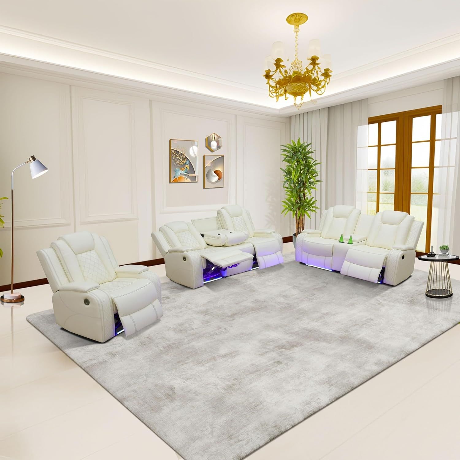 Power Recliner Set with LED Lights, Air Leather Reclining Set with USB Port/Wireless Charger/Storage Console/Cup Holder for House/Hometheater/Apt (Ivory White, Sofa Loveseat Chair)