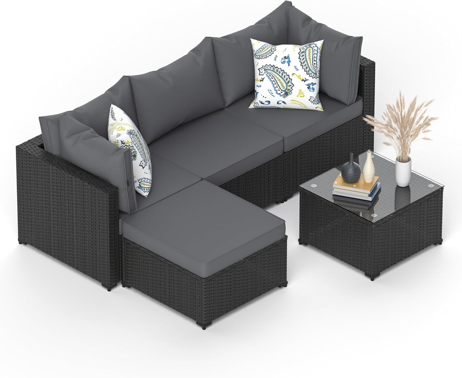 Patio Furniture Set, 5PCS Outdoor Conversation Sets Waterproof Rattan Sectional Sofa with 4” Thickened Cushion Modular Wicker Patio Furniture Set with Glass Top Table for Balcony, Backyard (Grey)
