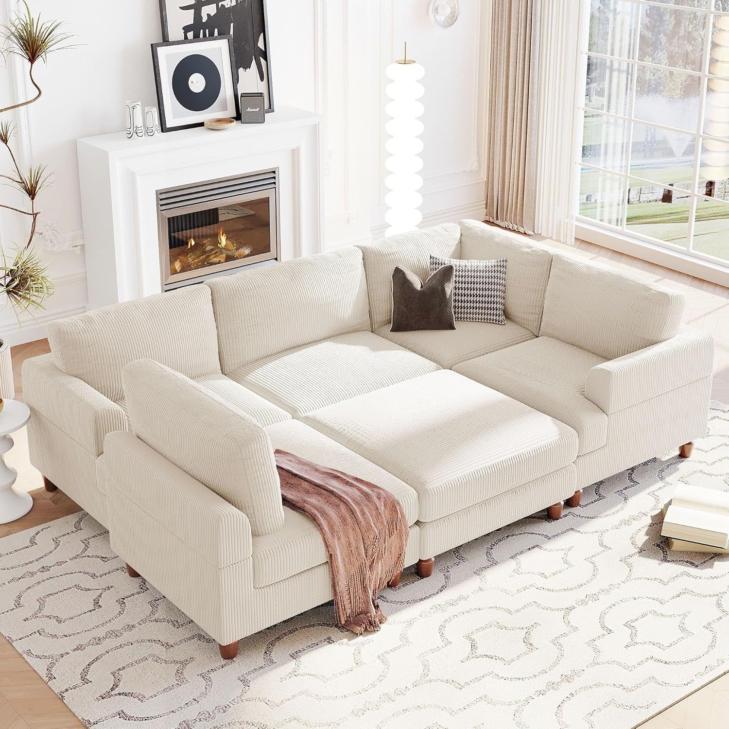 Large Sectional Sofa Couch with Ottoman for Living Room, L Shaped Corduroy Fabric Sofa Couch, 98&quot; L Modular Corner Sectional Sofa for Spacious Space Office, Beige