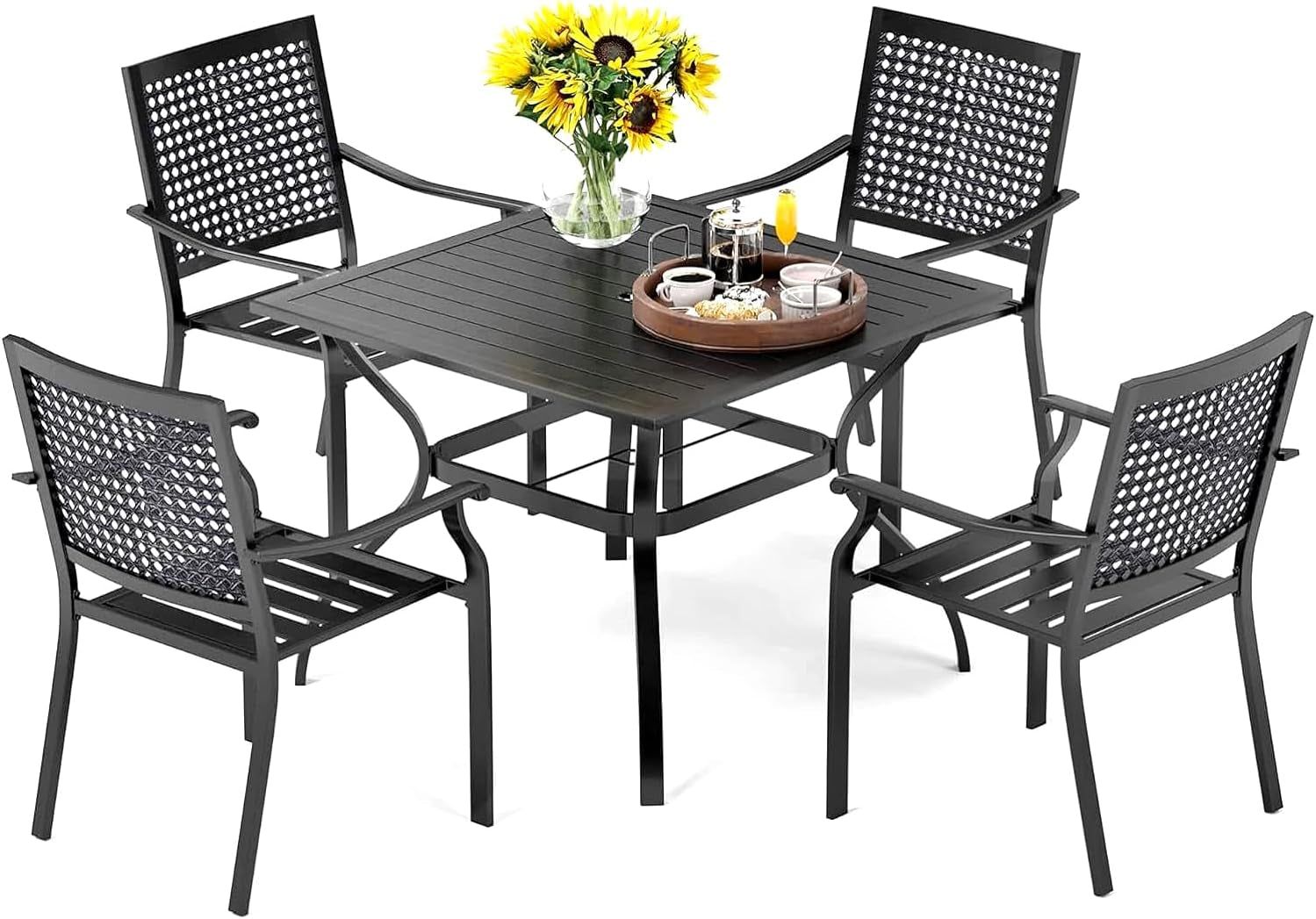 5 Pieces Outdoor Meal Dining Set for 4, Square Wrought Iron Table &amp; Stackable Dining Chairs, Heavy-Duty Dining Furniture Set for Patio, Deck, Backyard, Porch