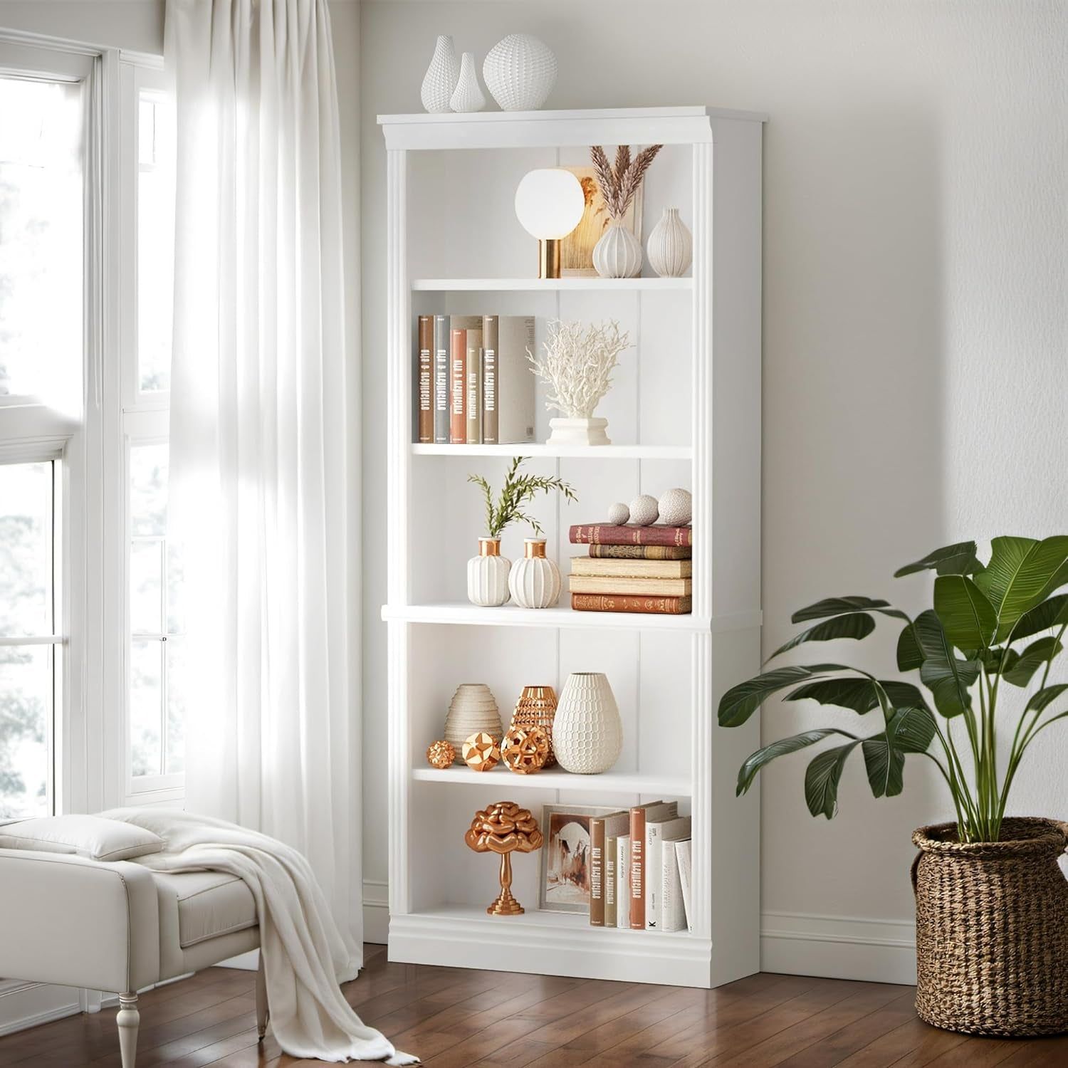 Bookcase Bookshelves, 5-Shelf Tall Bookcase 72&quot; Wood Open Display Floor Bookshelf, Large Storage Organizer for Library, Bedroom, Living Room (White)