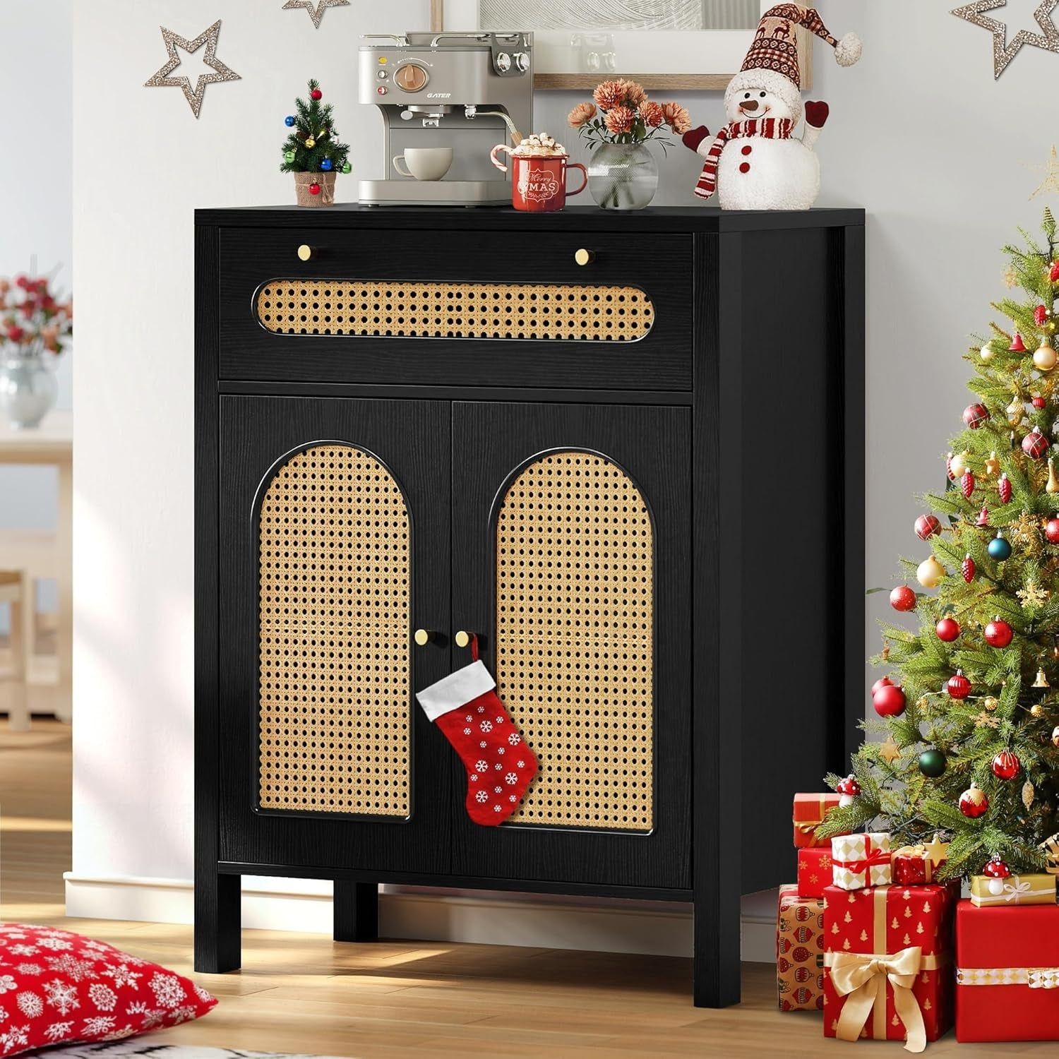 Buffet Cabinet with Storage- Storage Cabinet with Rattan Doors - Sideboard Cabinet with Large Drawers - High Accent Cabinet 36&quot; in Height for Hallway/Living Room - Black