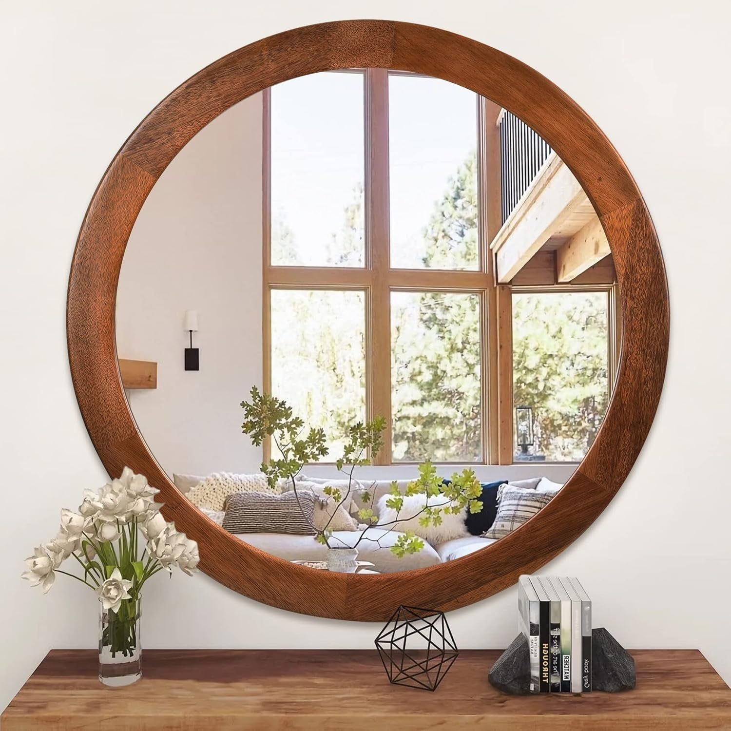 round Mirrors 30 Inch,Wood Vanity Wall Rustic Mirror with Walnut Frame, Wooden Mirror for Bathroom Bedroom Living Room or Entryway(Walnut Brown)
