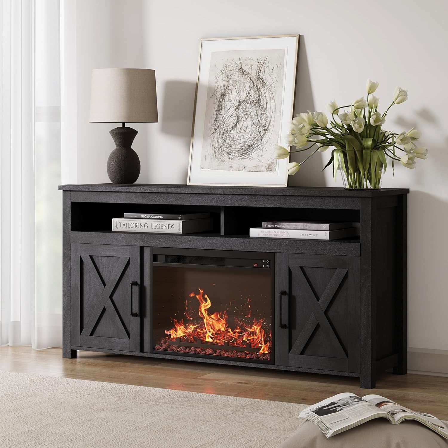 58&quot; Farmhouse Fireplace TV Stand for Tvs up to 65&quot;, 23&quot; Electric Fireplace Heater with Sound, Entertainment Center Media Console Table Barn Door Storage Cabinets for Living Room - Rustic Grey