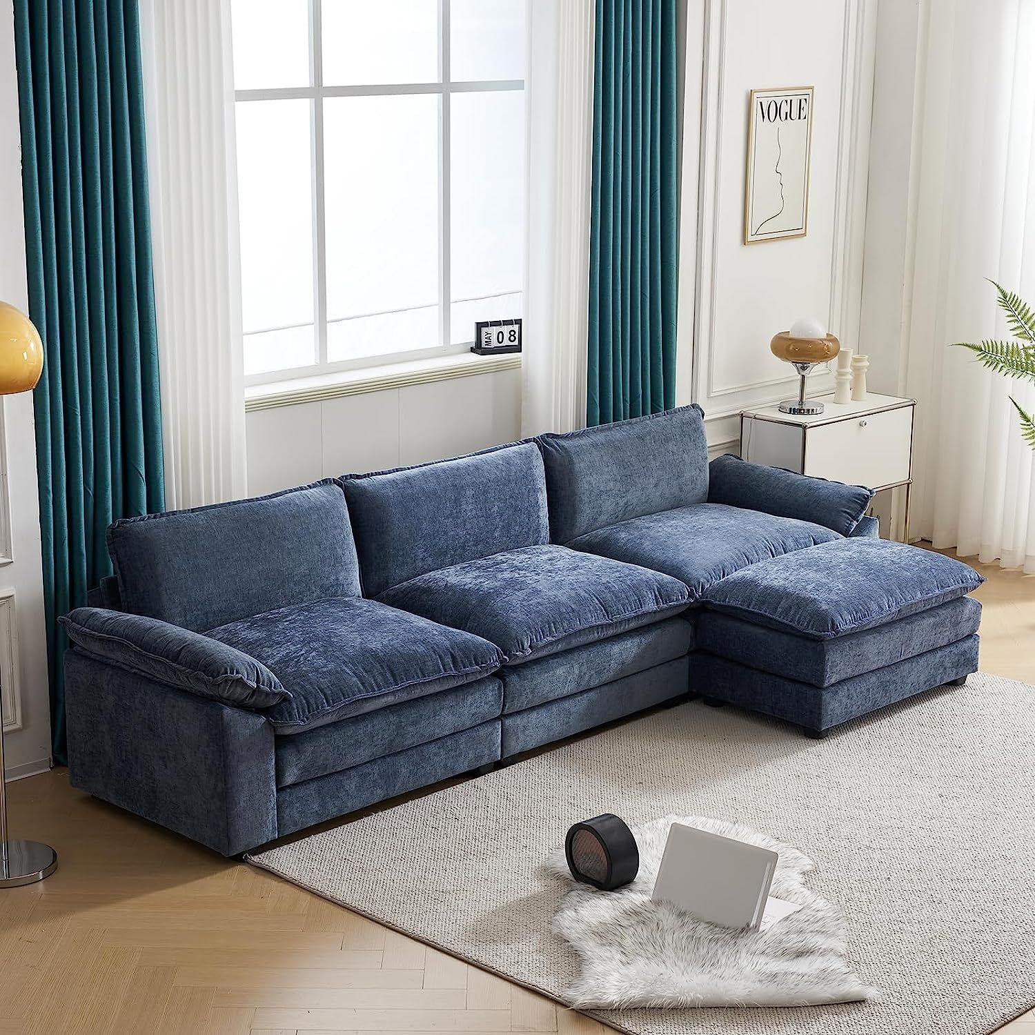 Sectional Sofa Modular Deep Seat Sofa Couch with Ottoman, Chenille Sofa Sleeper Comfy Upholstered Furniture for Living Room, Apartment, Studio, Office, (3-Seat &amp; 1-Ottoman, Dusty-Blue)