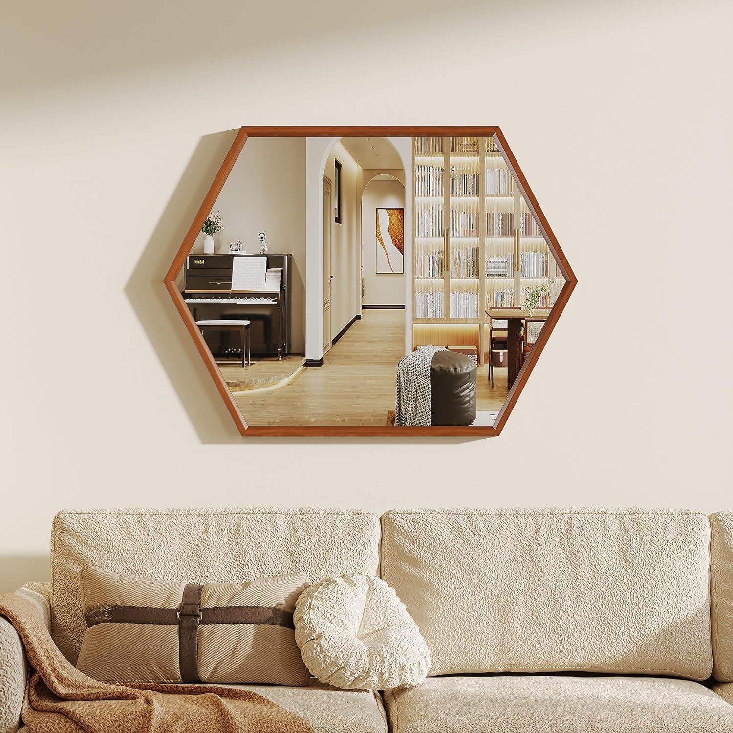 32&#39;&#39; X 24 Hexagon Wall Mounted Mirror - Versatile Hanging Mirror for Farmhouse Decor in Living Room, Bedroom, Entryway, Store, or Hotel (Walnut)