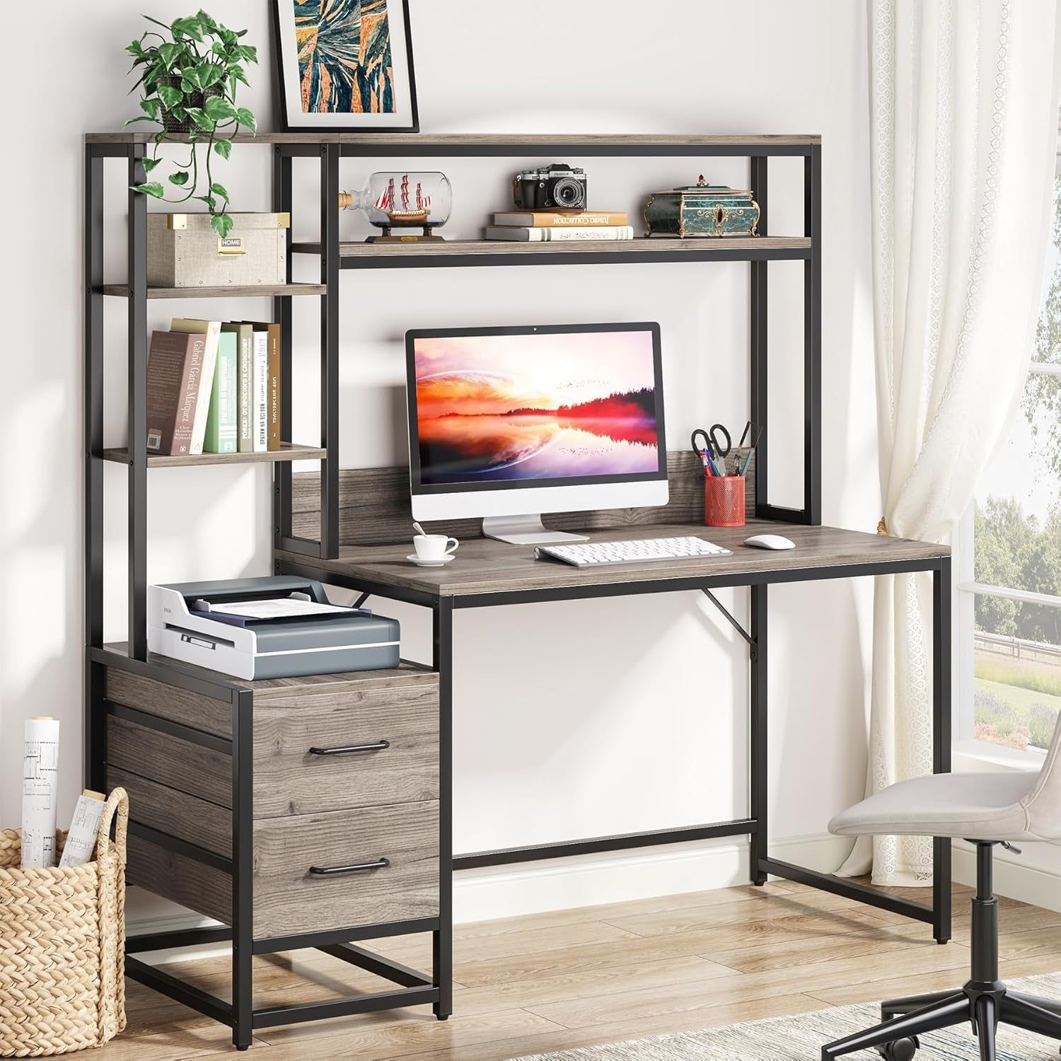 55 Inch Computer Desk with 2 Drawers and Storage Shelves, Rustic Office Desk with Hutch, Study Writing Gaming Table Laptop Workstation for Home Office (Grey)
