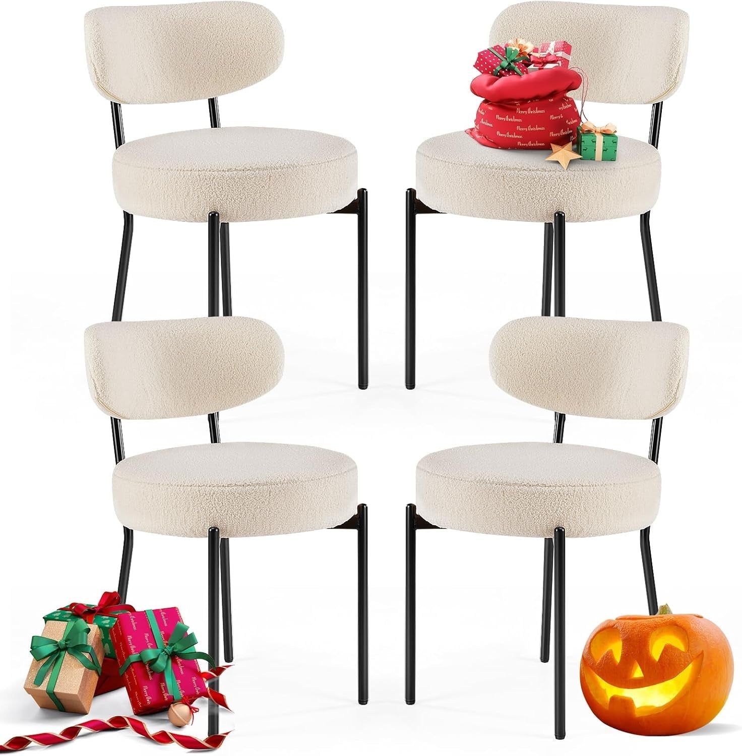 Dining Chairs Set of 4, Boucle Upholstered Kitchen Chairs with Curved Backrest &amp; Metal Legs, Mid Century Modern round Dining Room Chairs for Vanity, Living Room - Beige