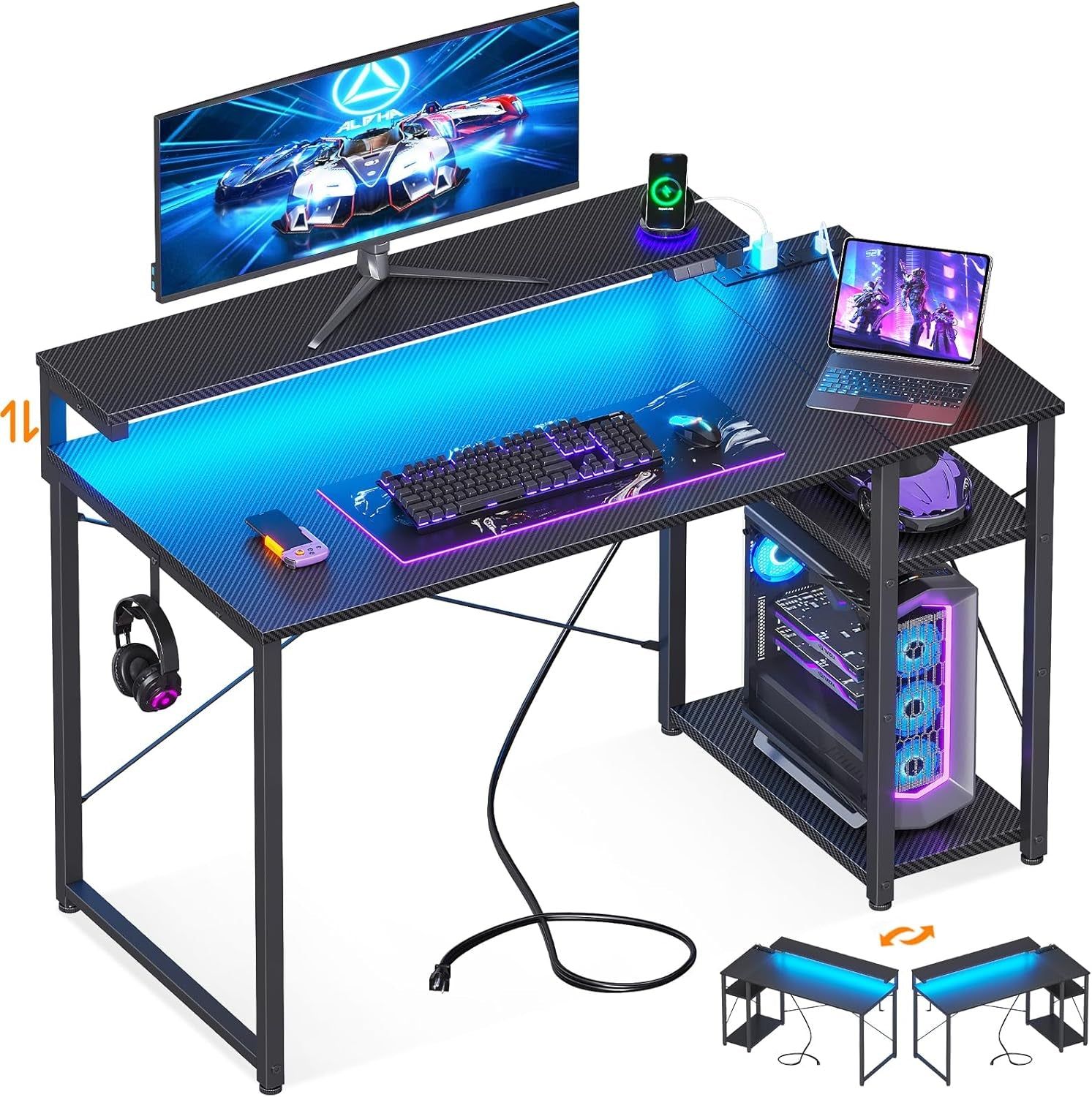 Gaming Desk with Led Lights &amp; Power Outlet, 40 Inch Small Gaming Computer Desk with Shelves, Reversible Gamer Desk Table with Adjustable Monitor Stand &amp; Headphone Hook, Carbon Fiber Texture