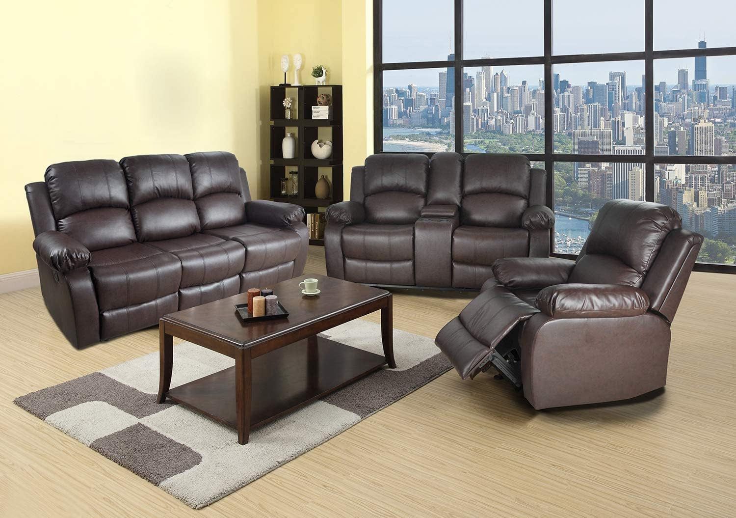 3 PCS Living Room Set, Faux Leather Recliner Sofa Set, Recliner Sofa Couch, Loveseat and Chair (Espresso)
