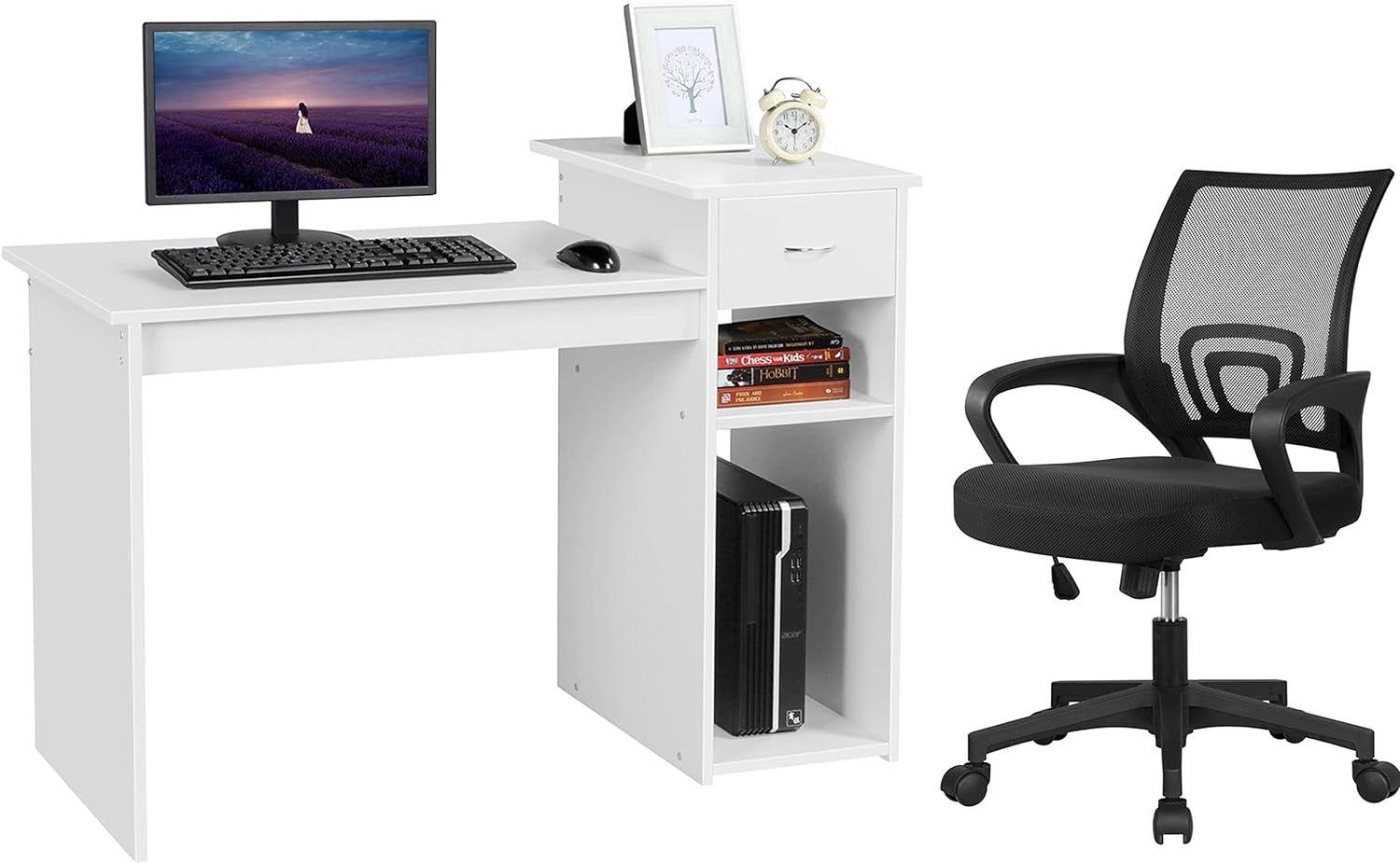Home Office Computer Desk &amp; Chair Set, 44 Inch Computer Desk with Drawer &amp; Mesh Ergonomic Height Adjustable Office Chair, White &amp; Black