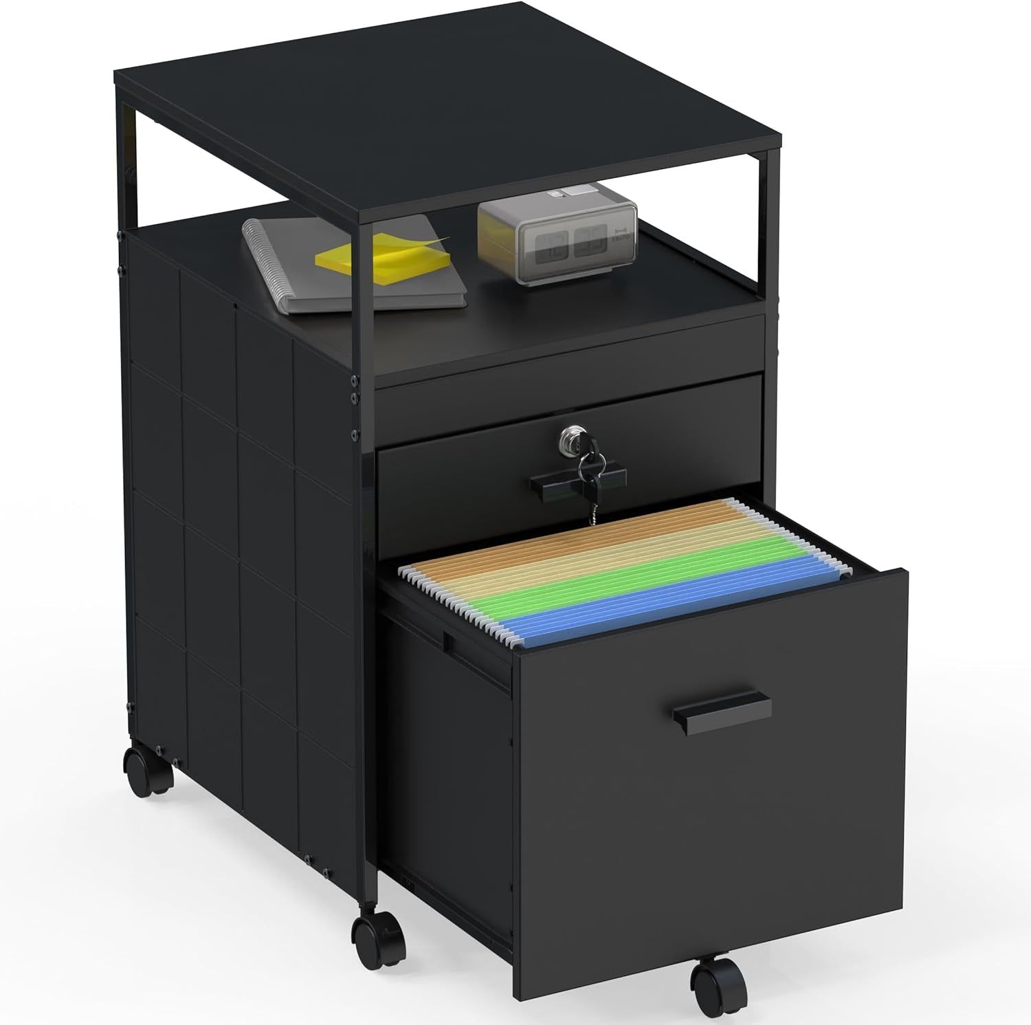 Rolling Mobile File Cabinet W/ 2 Drawers &amp; Open Shelf, Black