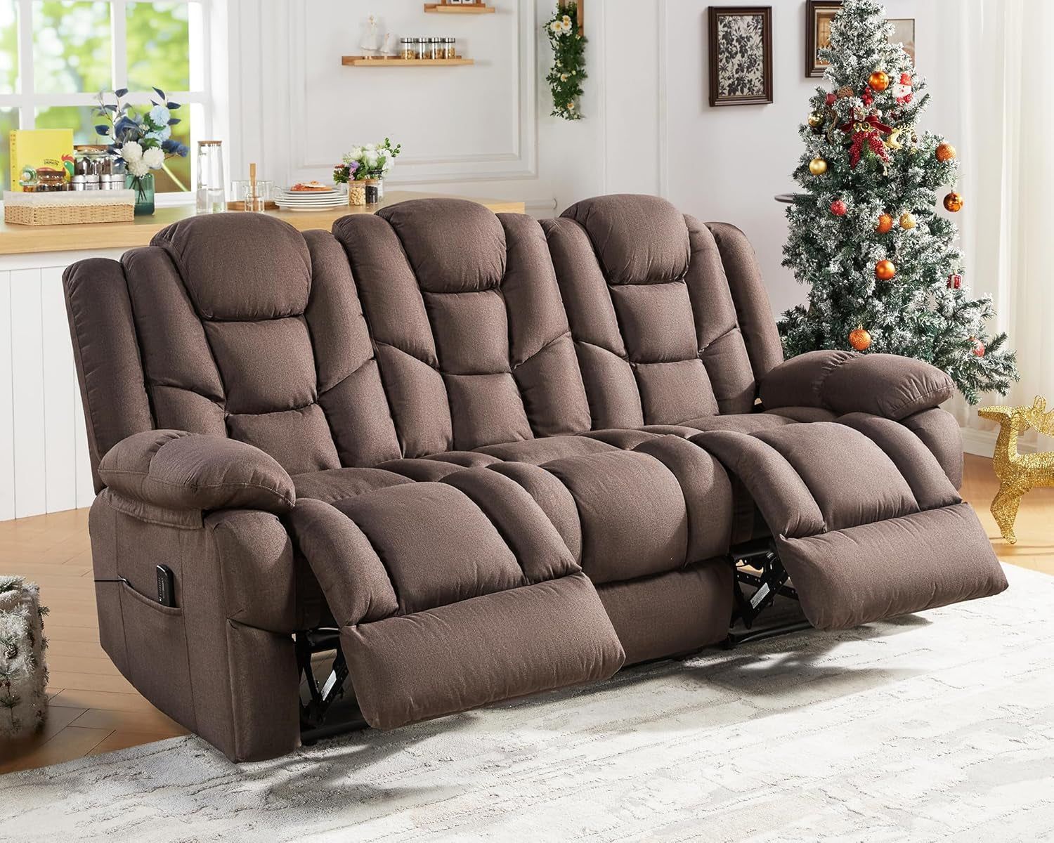 Reclining Sofa, Manual Recliner with Side Pocket, Oversized Recliner- Recliner Couches for Living Room(Brown)