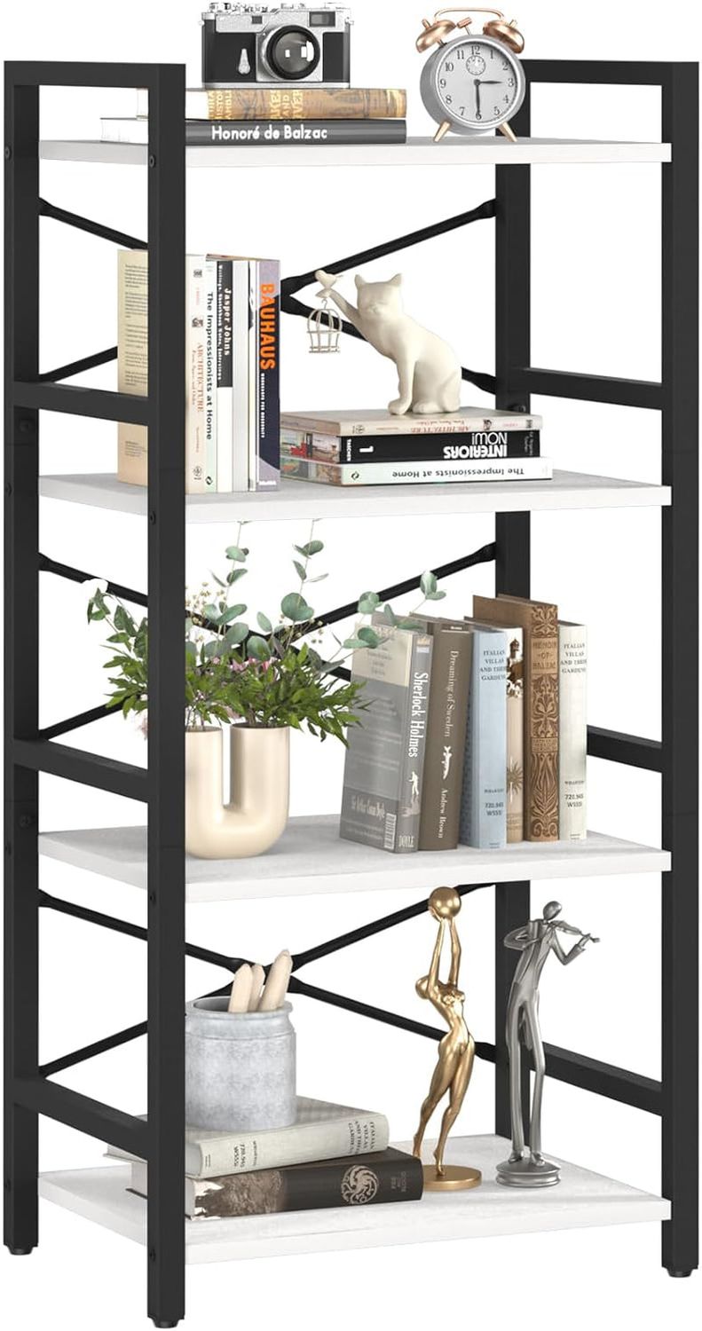 4 Tier Bookshelf - Small Book Shelf Industrial Bookcase, Narrow Book Case Book Storage Organizer for Cd/Movie/Book, Bookshelves for Bedroom Office Living Room White