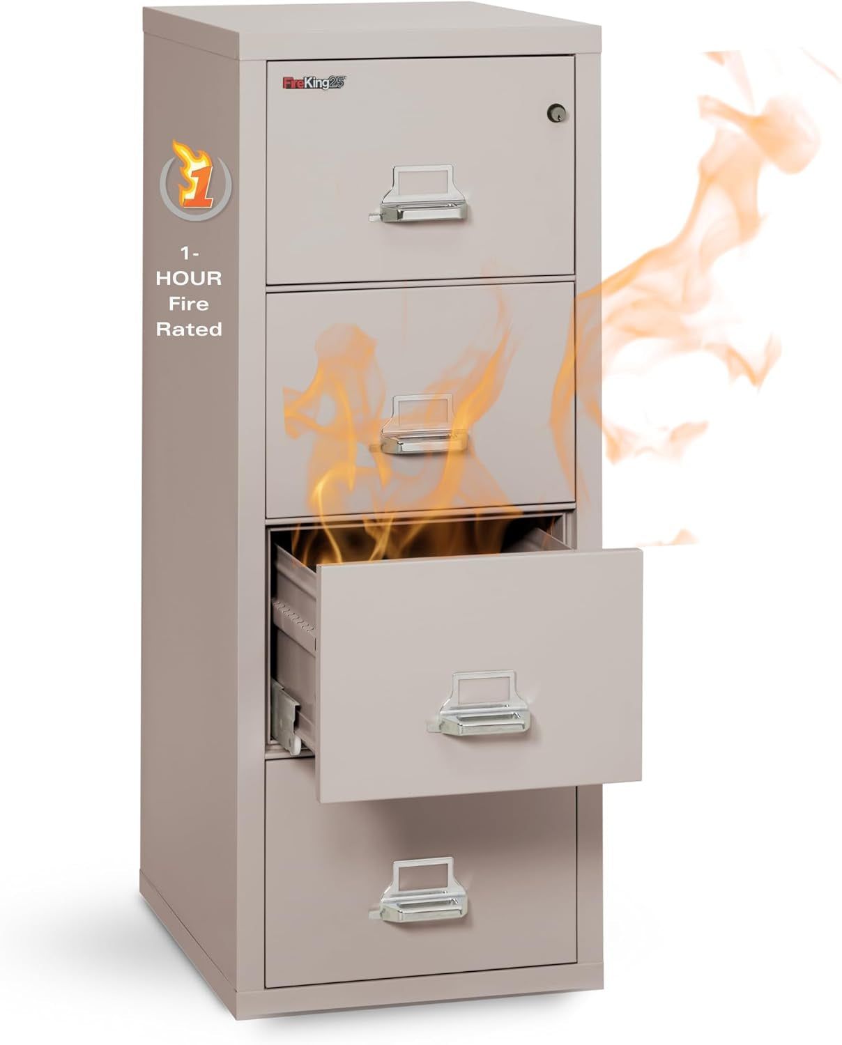 Vertical 4 Drawer Letter Fire Safe File Cabinet with Key Lock, 1 Hour Fire Rated, UL Rated &amp; Water Resistant Home Safe, Made in the USA, Platinum