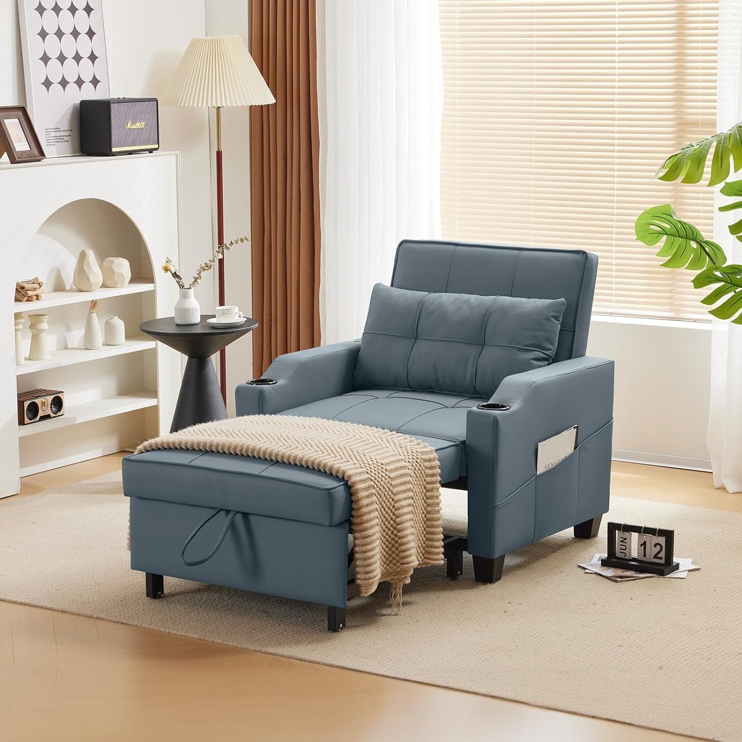 Sofa Bed Chair Recliner, 3-In-1 Convertible Sleeper Sofa Chair Bed Blue Gray Daybed Pull Out Couch Bed with Adjustable Backrest, USB Ports, Cup Holders for Small Spaces Living Room